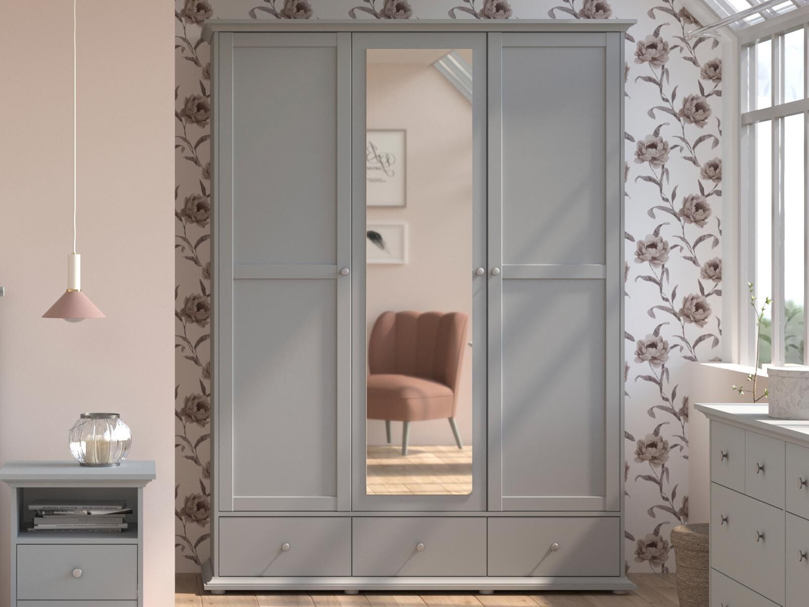 Armoire MARGARET 3 portes 3 tiroirs gris