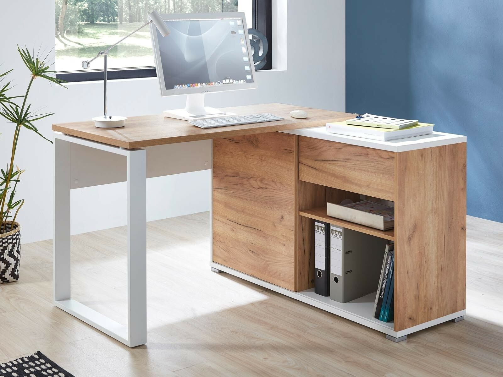 Bureau d’angle LISBONNE 1 porte 1 tiroir blanc/chêne navarra