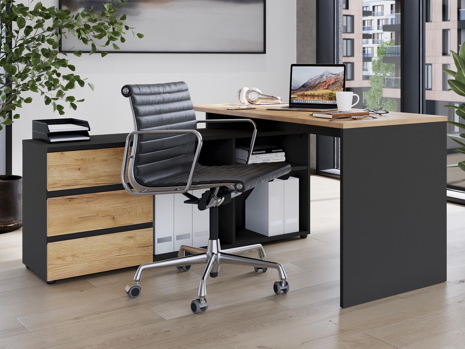 Bureau d'angle LISSAO 3 tiroirs graphite/chêne navarra