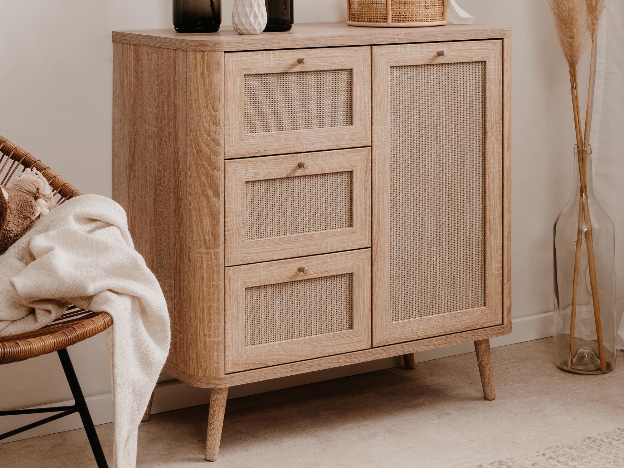 Commode KUBALIBRE 1 porte 3 tiroirs chêne sonoma/effet rotin