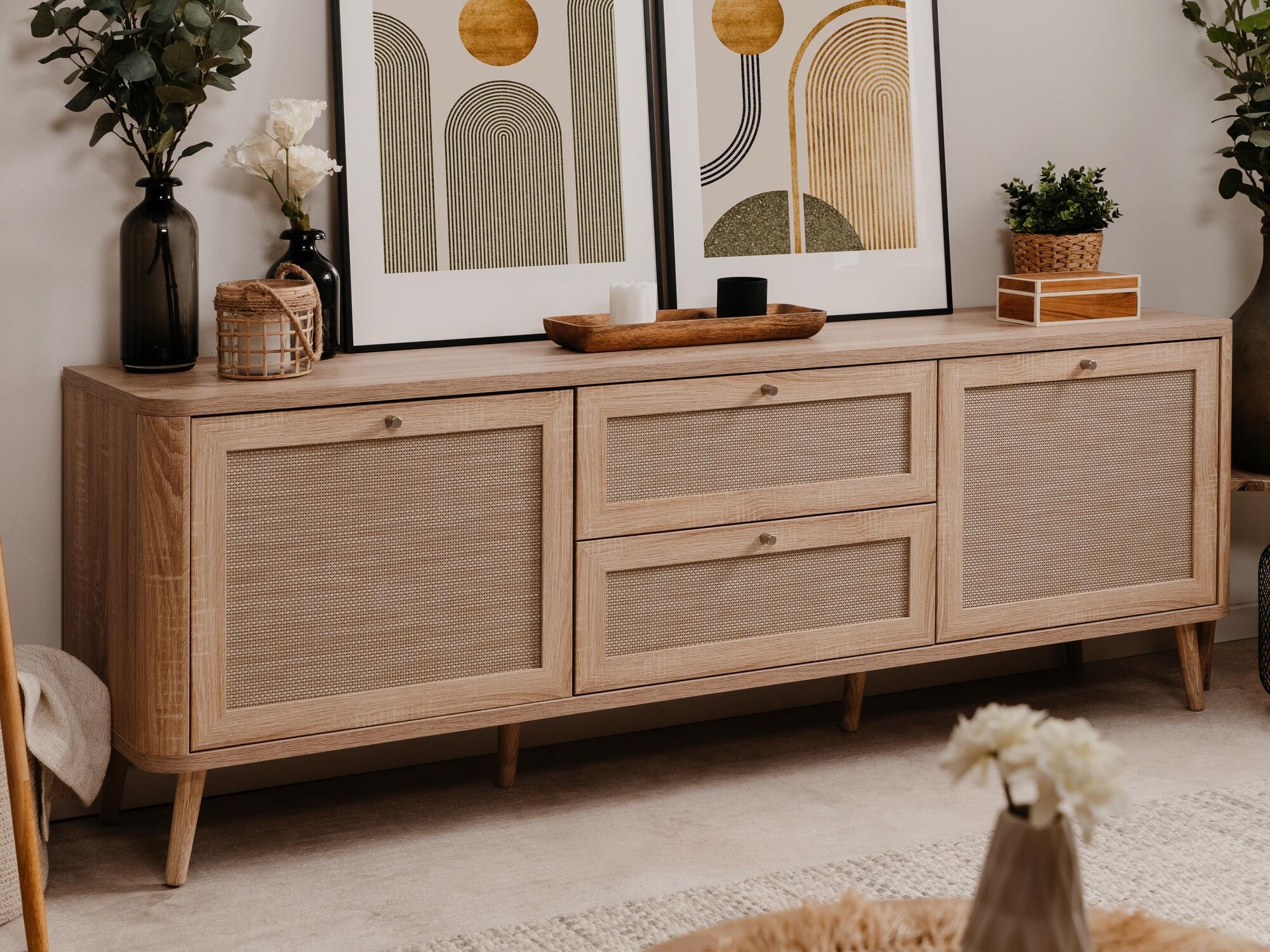 Meuble tv-hifi KUBALIBRE 2 portes 2 tiroirs chêne sonoma/effet rotin