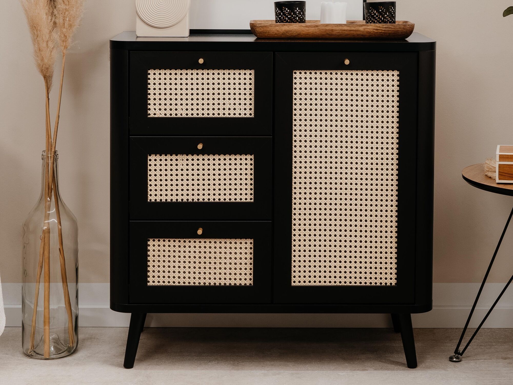 Commode KUBALIBRE 1 porte 3 tiroirs noir/effet rotin