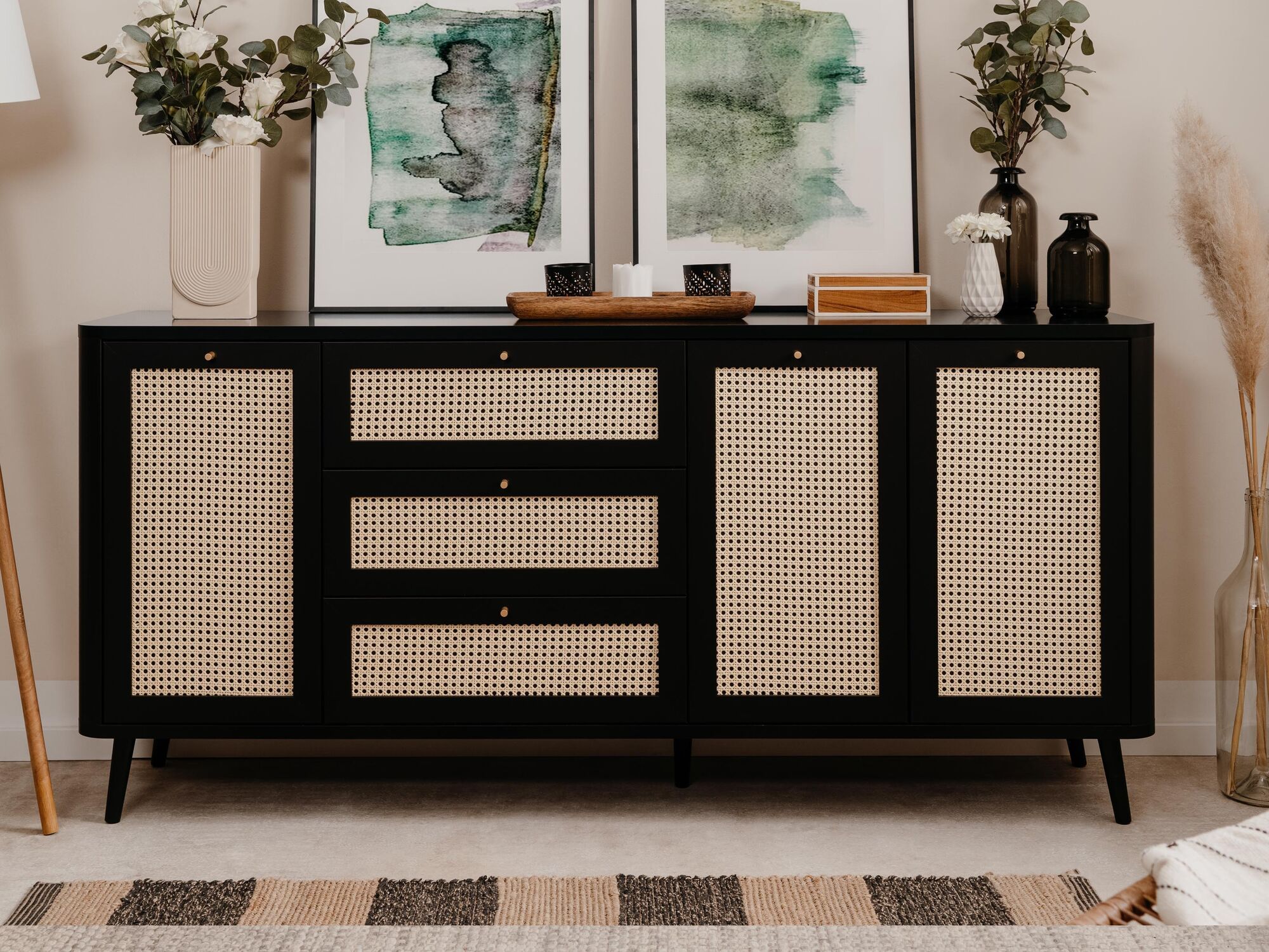 Buffet/bahut KUBALIBRE 3 portes 3 tiroirs noir/effet rotin