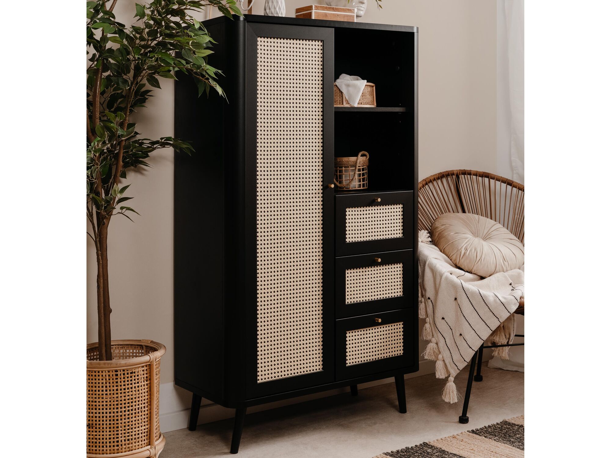 Commode haute KUBALIBRE 1 porte 3 tiroirs noir/effet rotin