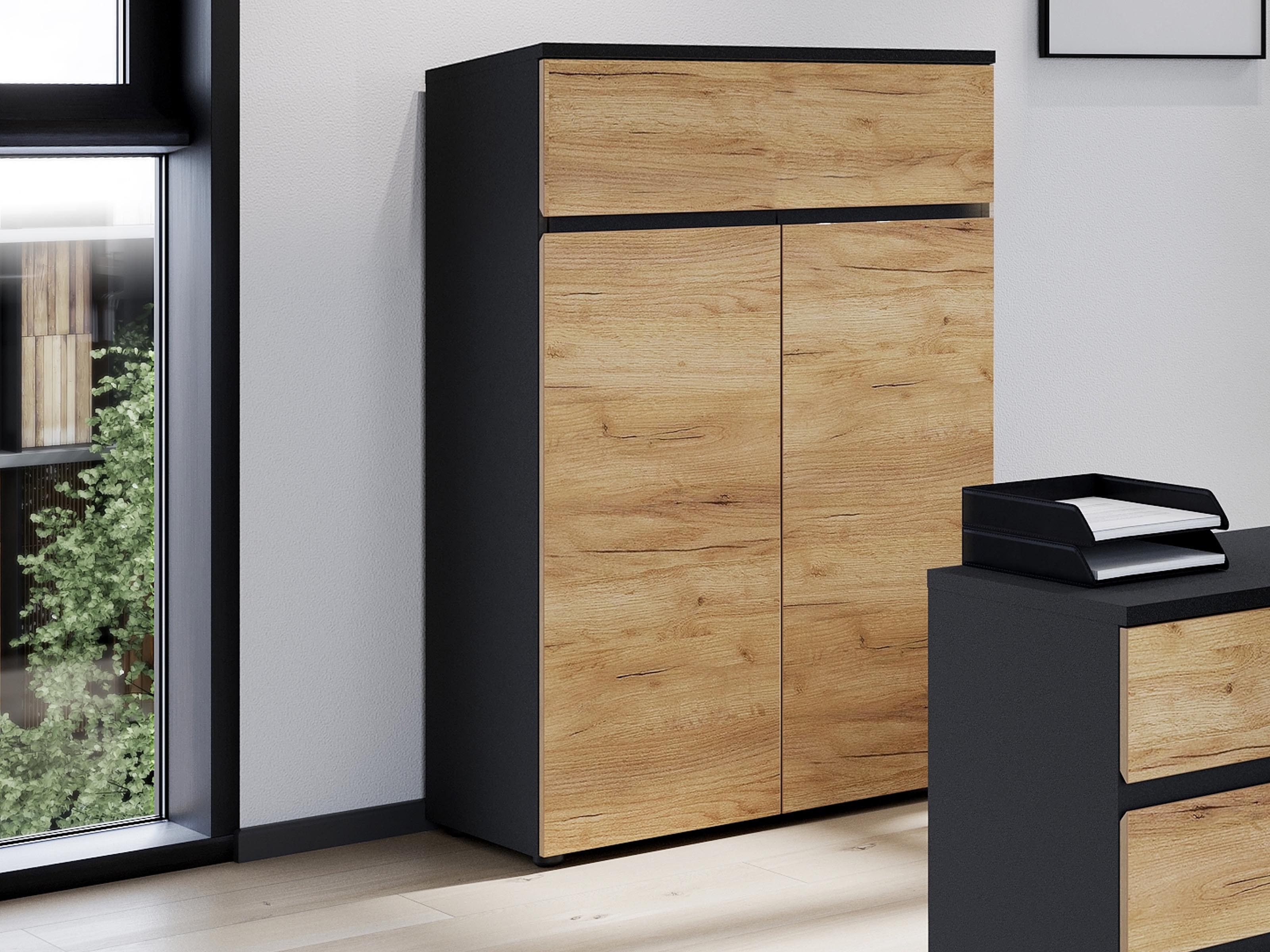Commode LISSAO 2 portes 1 tiroirs chêne navarra/graphite
