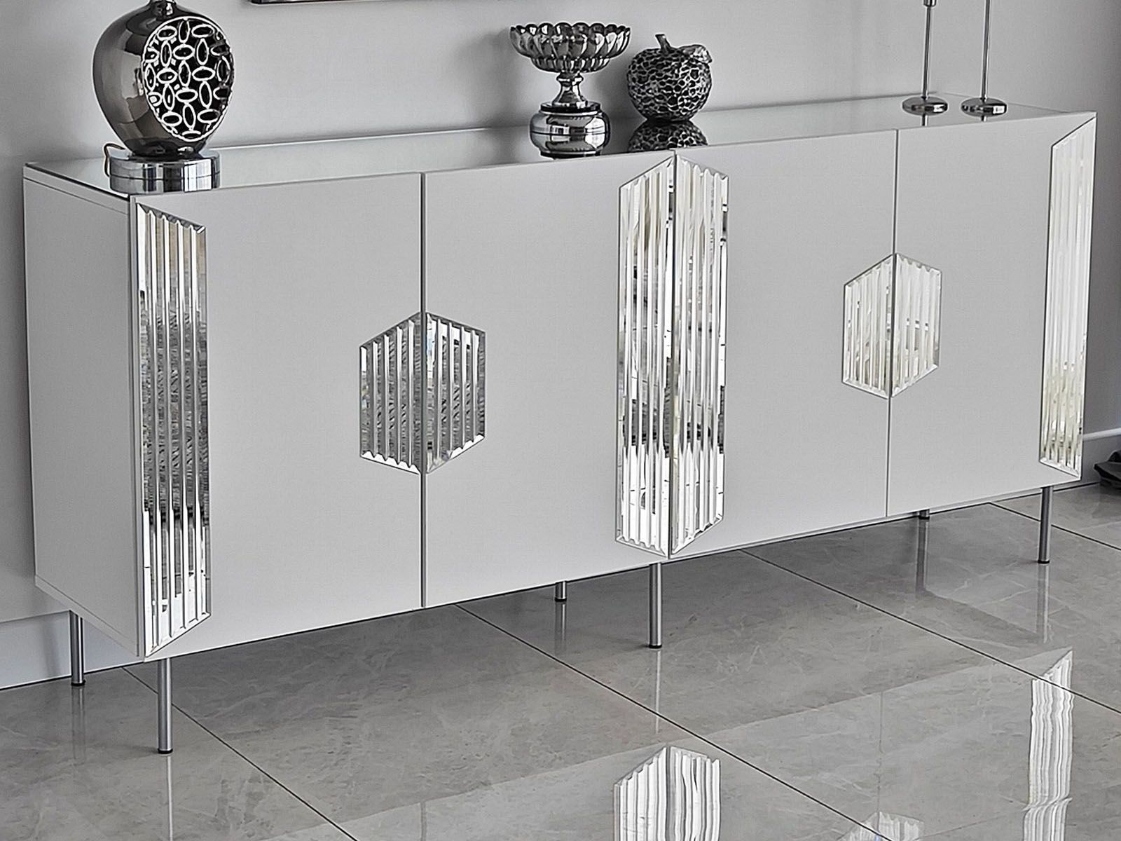 Buffet/bahut DOEBEI 4 portes blanc/argent