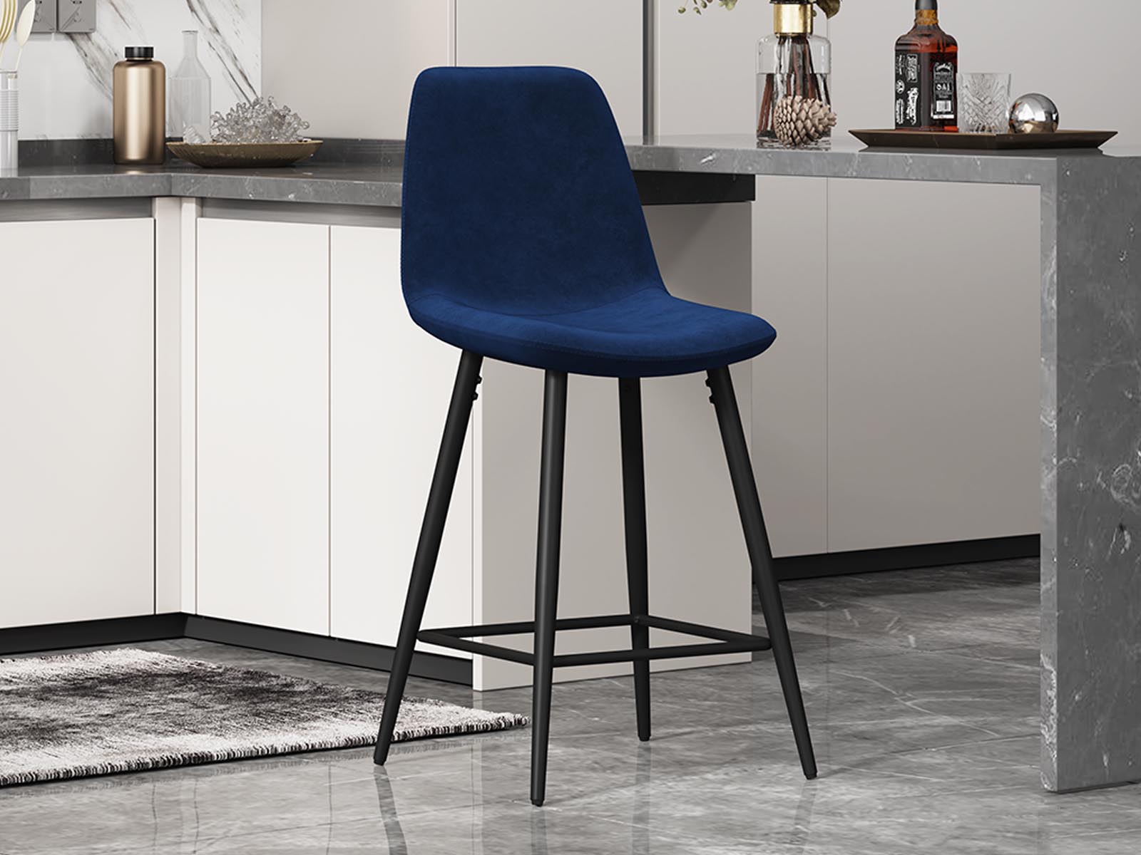 Tabouret de bar BOYATA velours bleu foncé