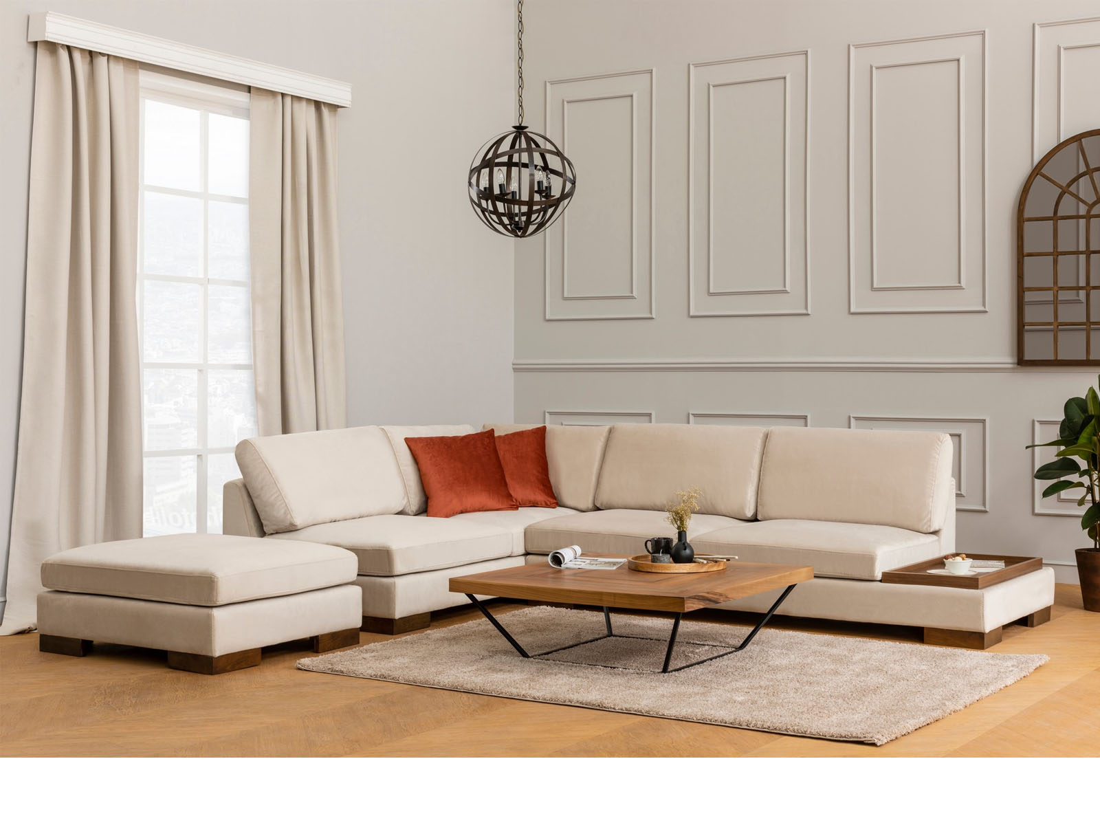 Canapé d'angle TUZLA avec méridienne gauche tissu beige