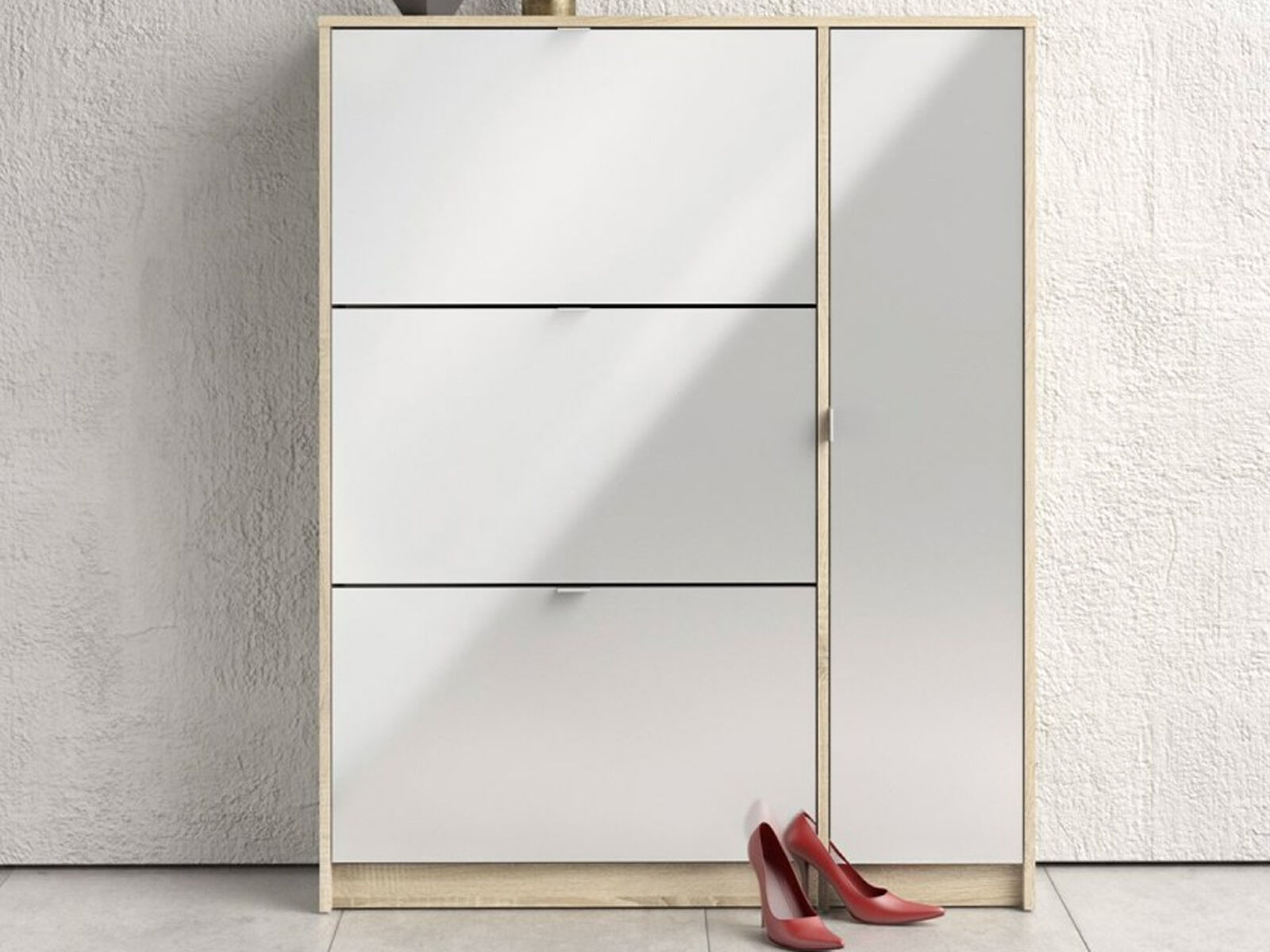 Meuble à chaussures SHANA 4 portes blanc brillant/chêne