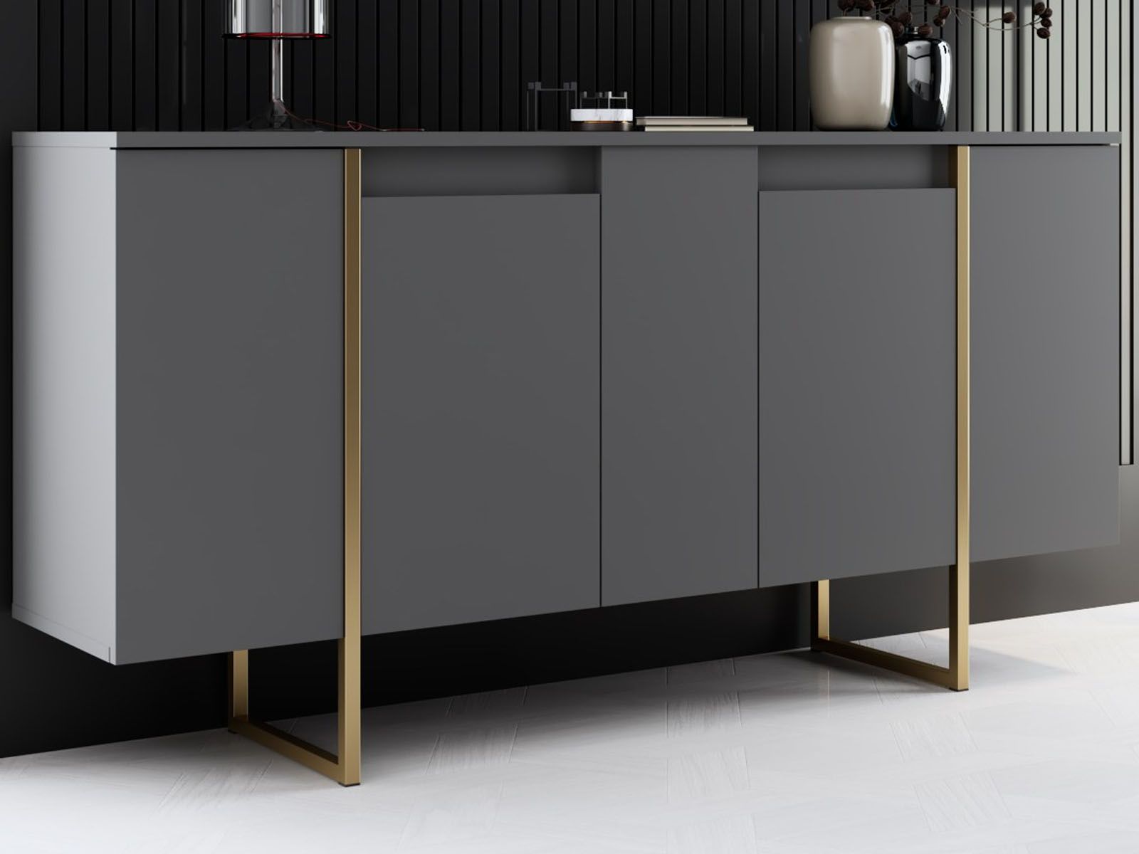 Buffet/bahut LUXANA 4 portes anthracite/doré