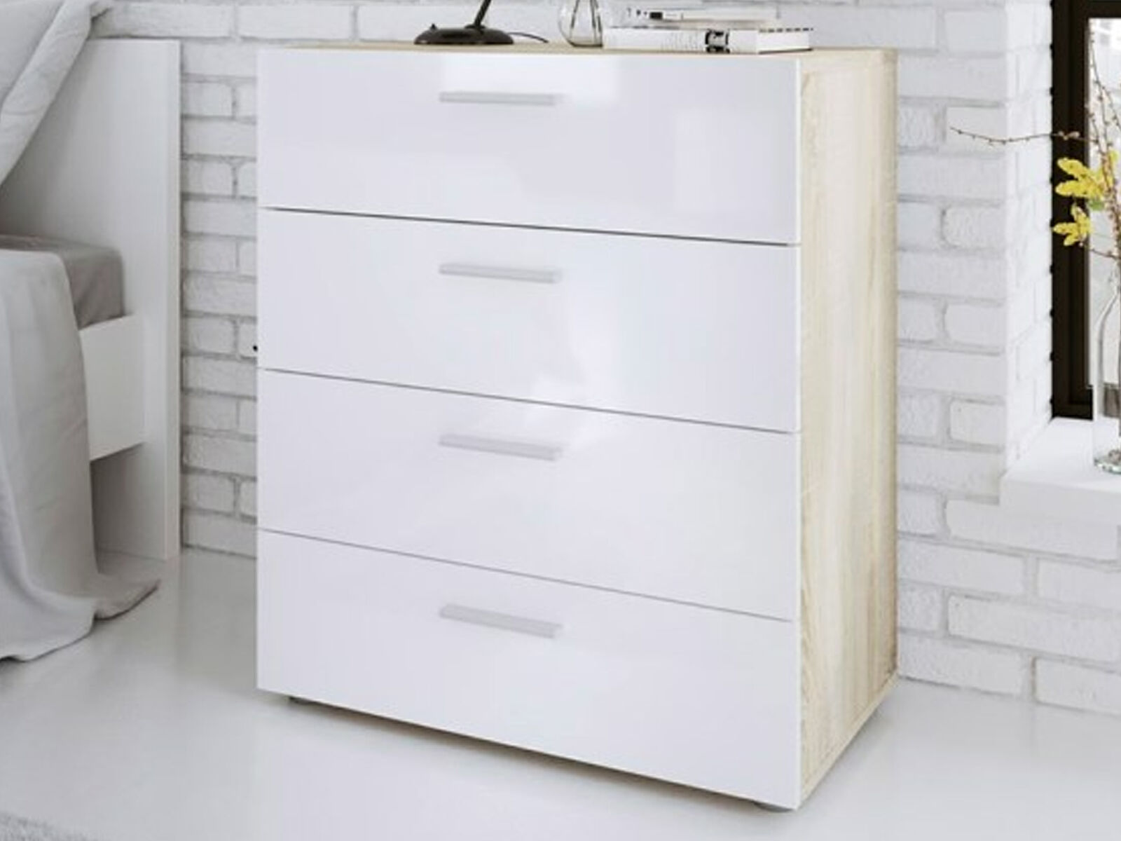 Commode POPEI 4 tiroirs chêne/blanc brillant
