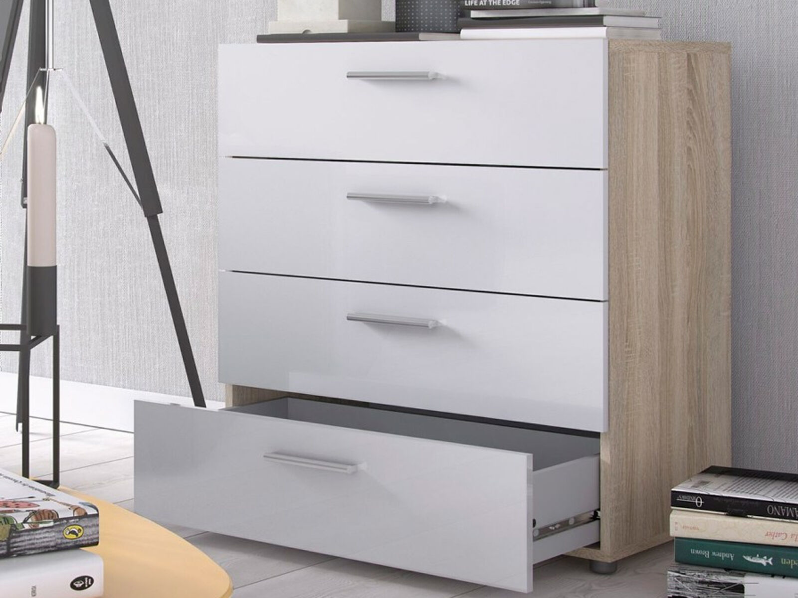 Commode PIMO 4 tiroirs chêne/blanc brillant