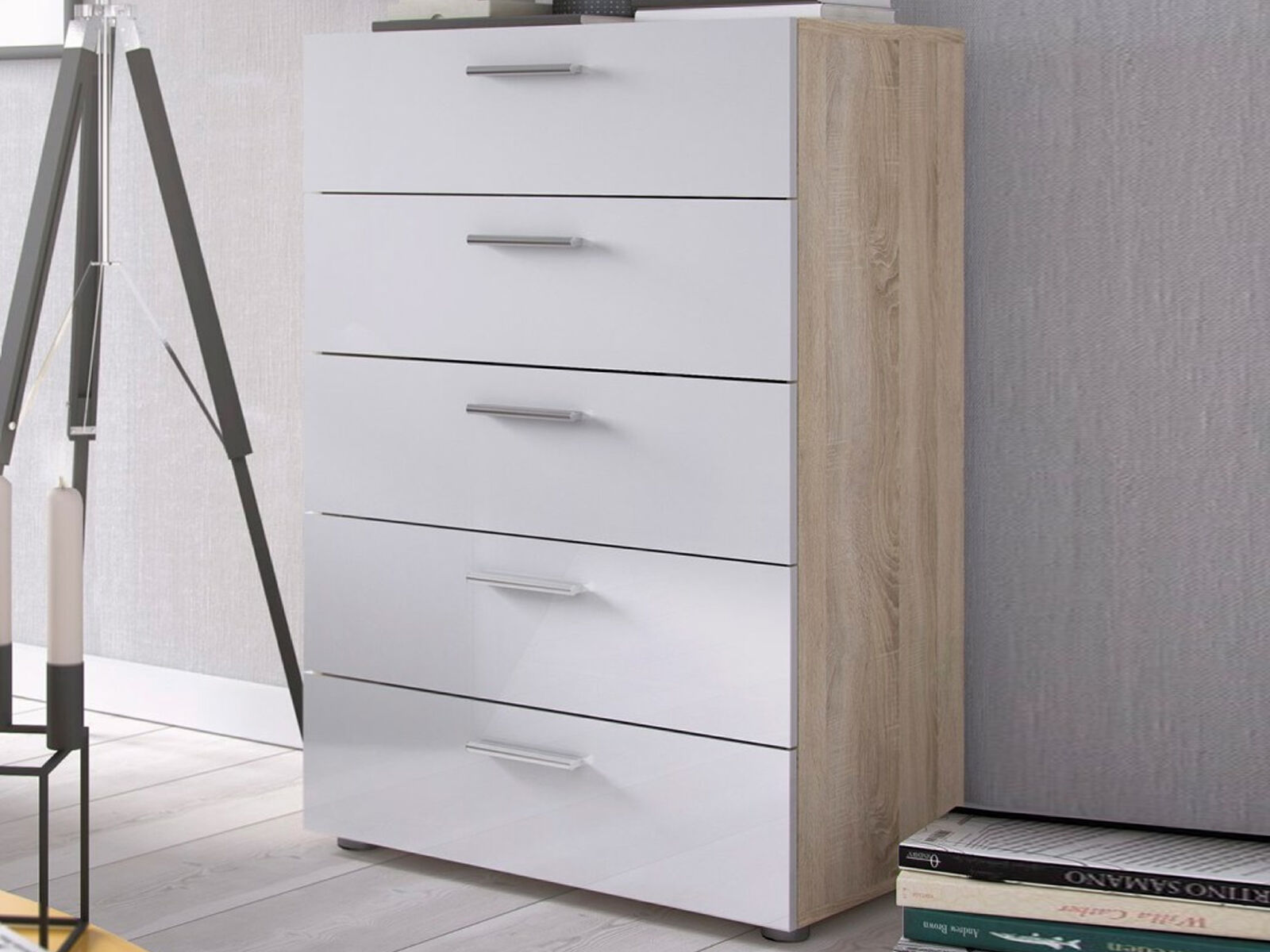 Commode POPEI 5 tiroirs chêne/blanc brillant