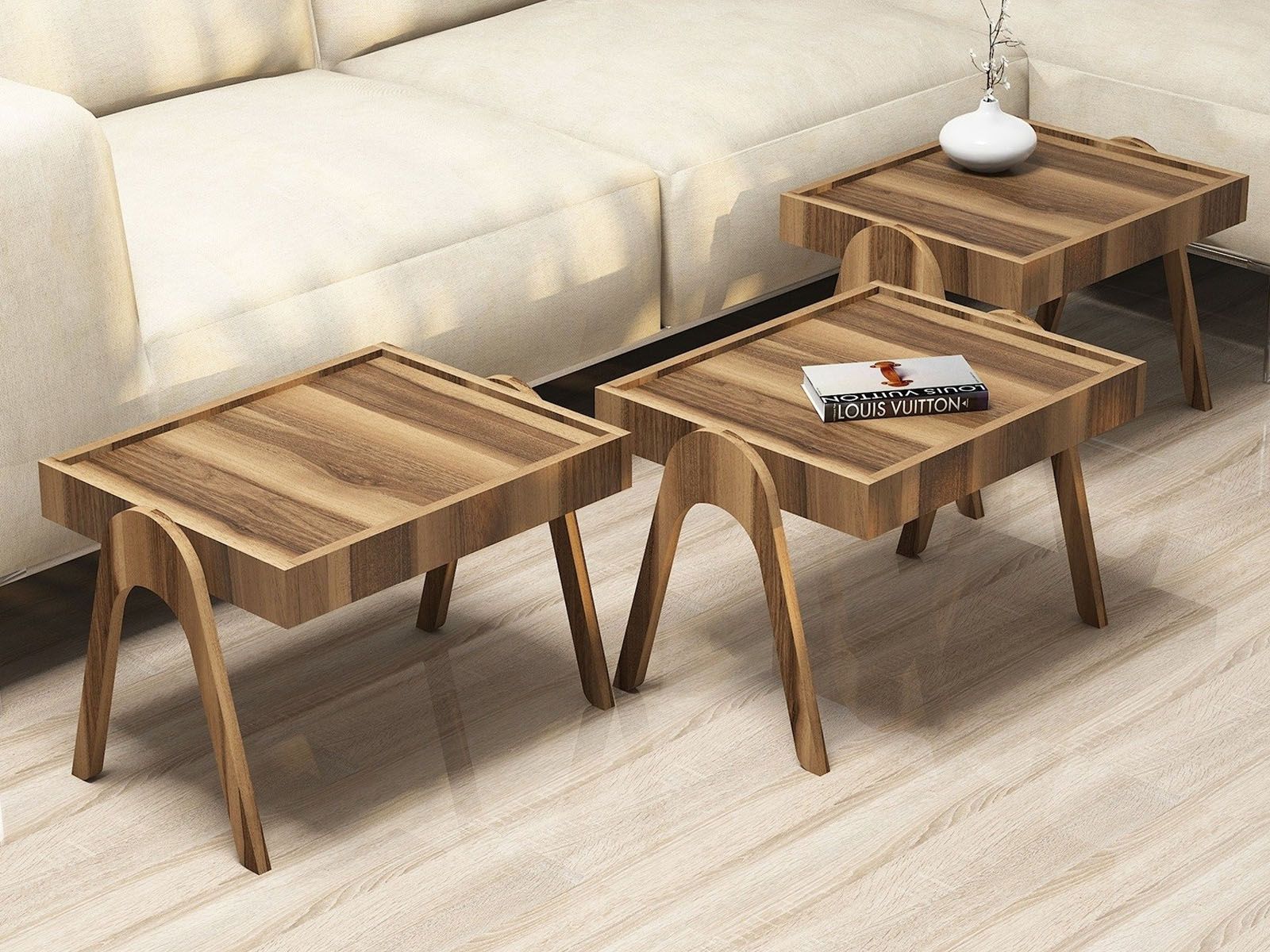 Lot de 3 tables d'appoint ROMANO noyer