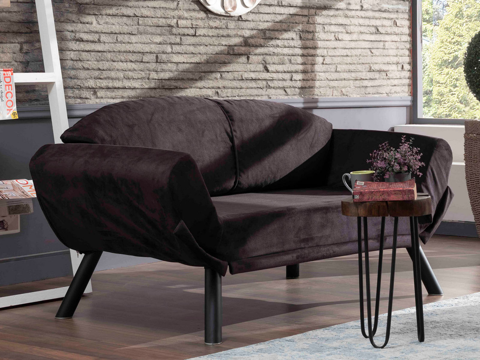 Canapé convertible GENNARO 2 places tissu noir