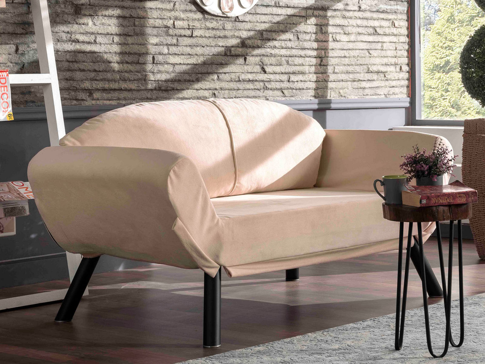 Canapé convertible GENNARO 2 places tissu crème