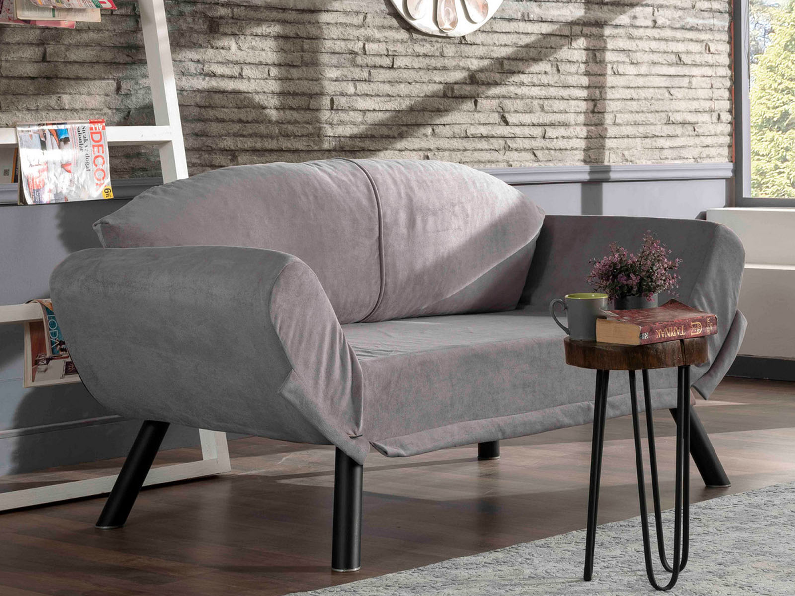 Canapé convertible GENNARO 2 places tissu gris