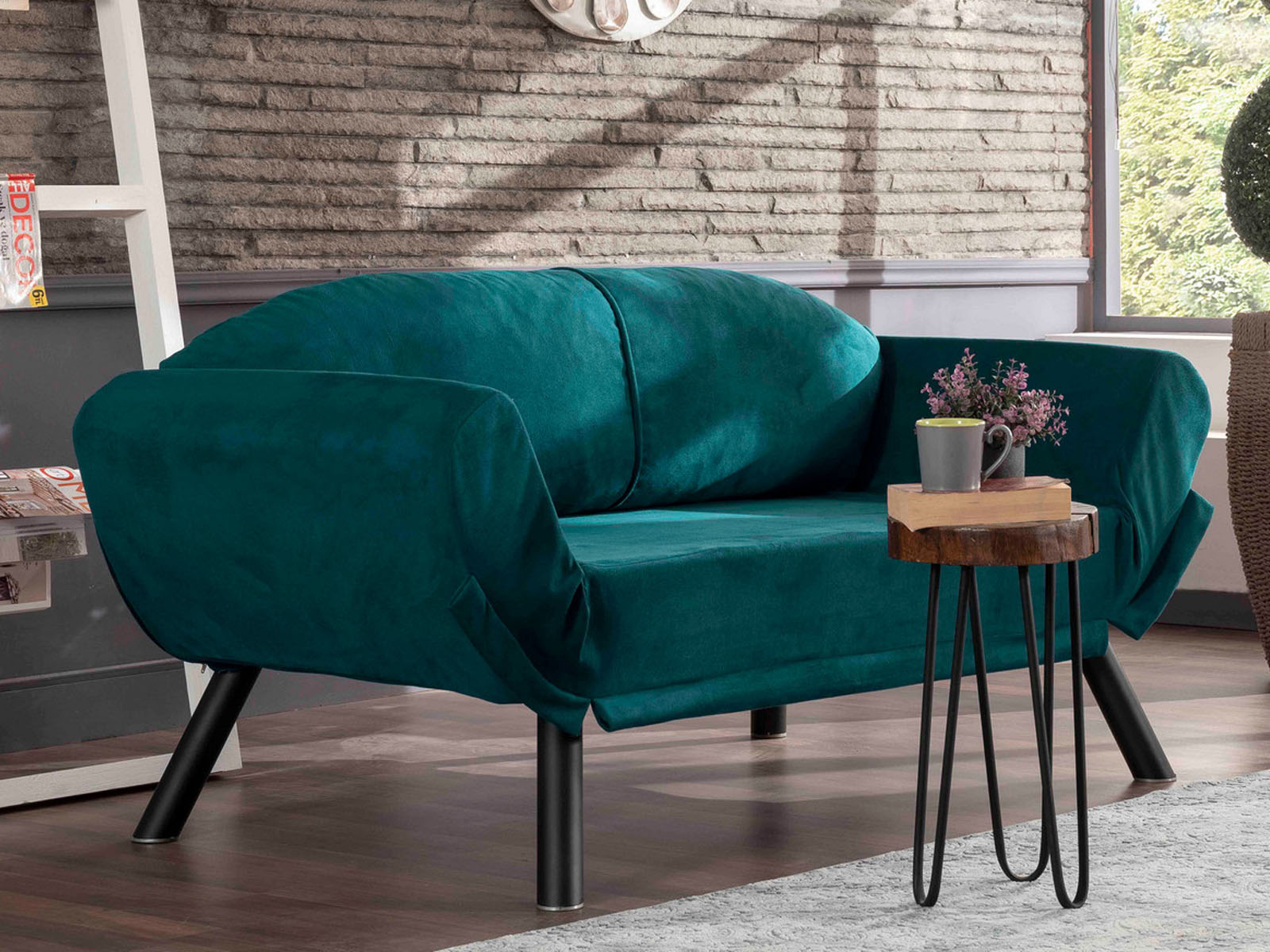 Canapé convertible GENNARO 2 places tissu bleu pétrole