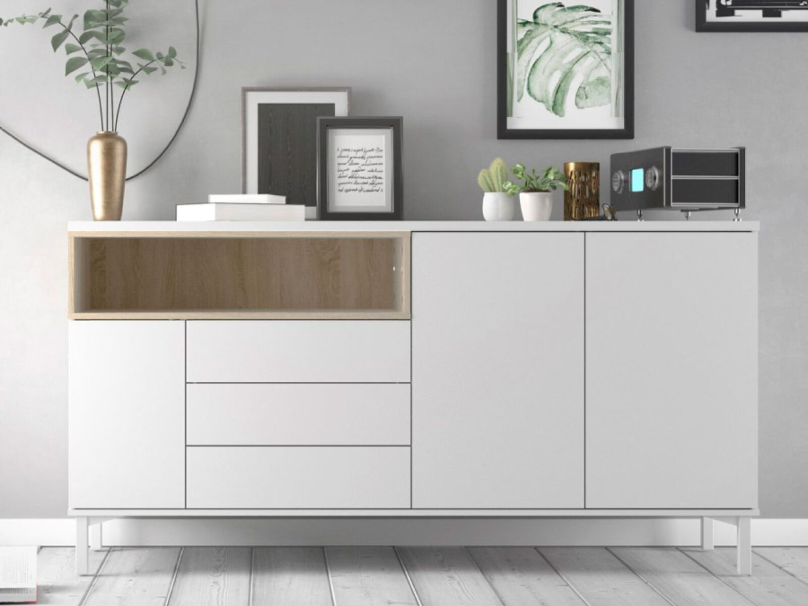 Commode ROMU 3 portes 3 tiroirs blanc/chêne