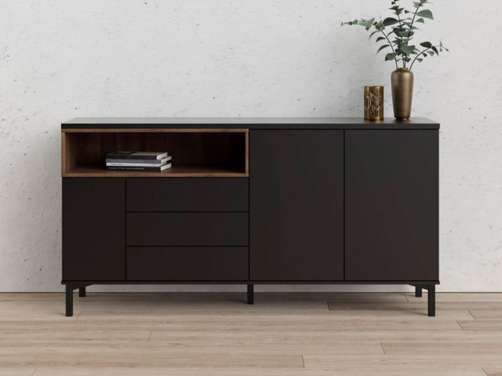 Commode ROMU 3 portes 3 tiroirs noyer/noir