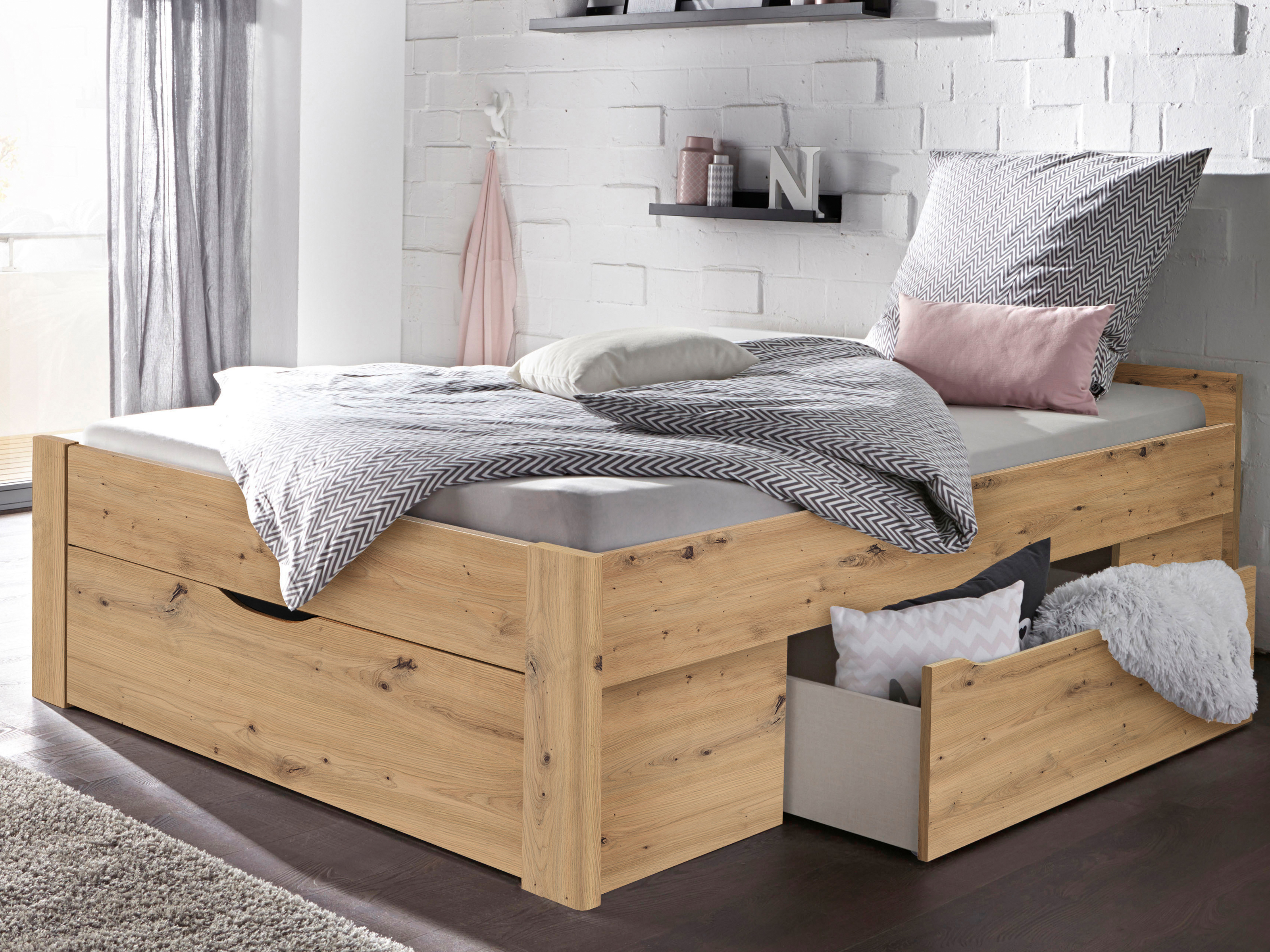 Lit SCARLETT 160x200 cm chêne artisan avec trois tiroirs