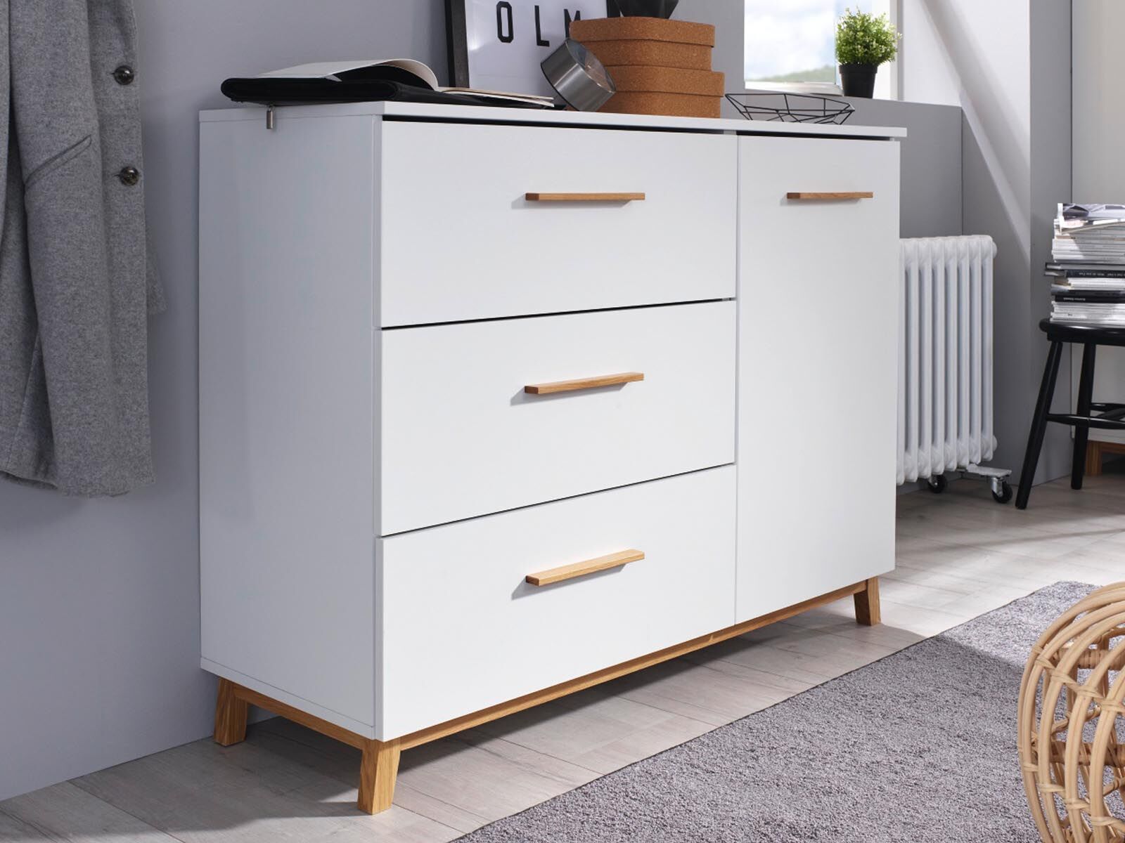 Commode  CARLINO 1 porte 3 tiroirs blanc/chêne massif