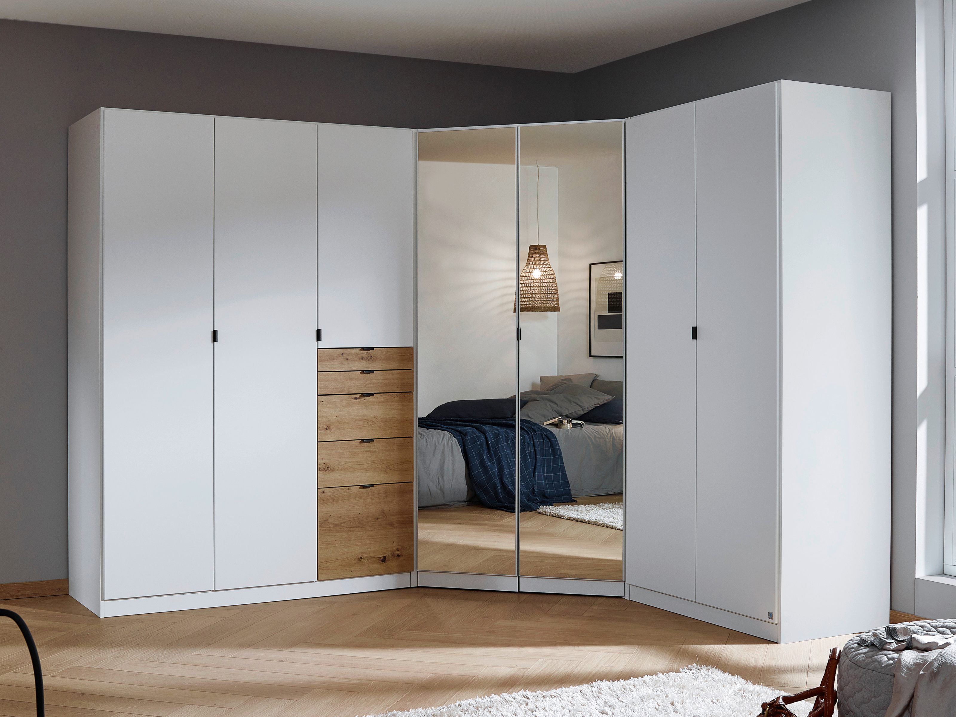 Armoire OTAMENDI 7 portes 5 tiroirs avec miroir blanc neige/chêne artisan