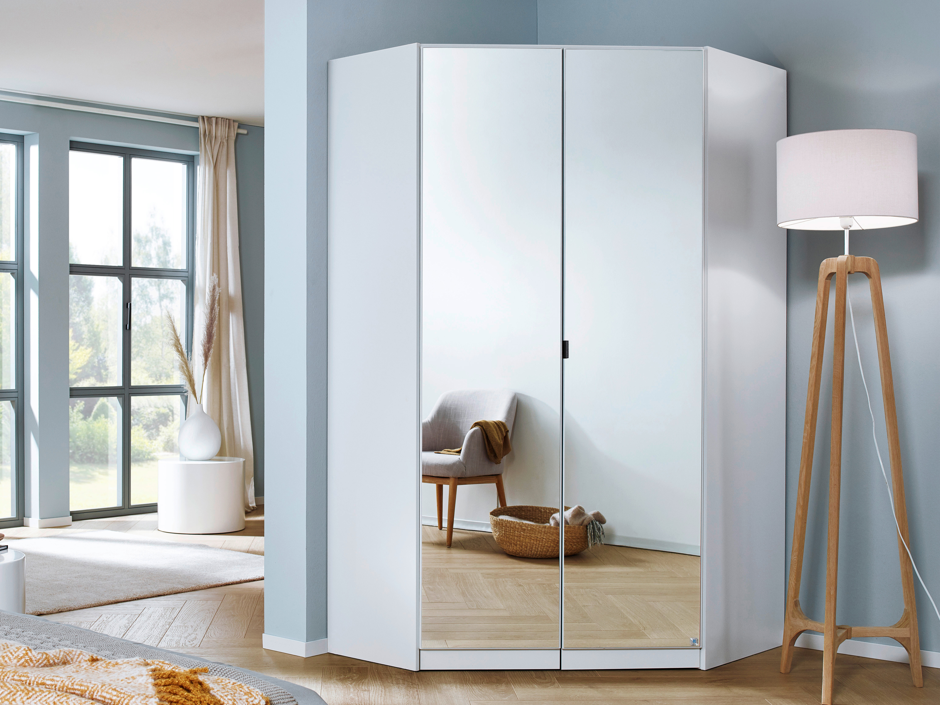 Armoire d'angle OTAMENDI 2 portes avec miroir blanc neige