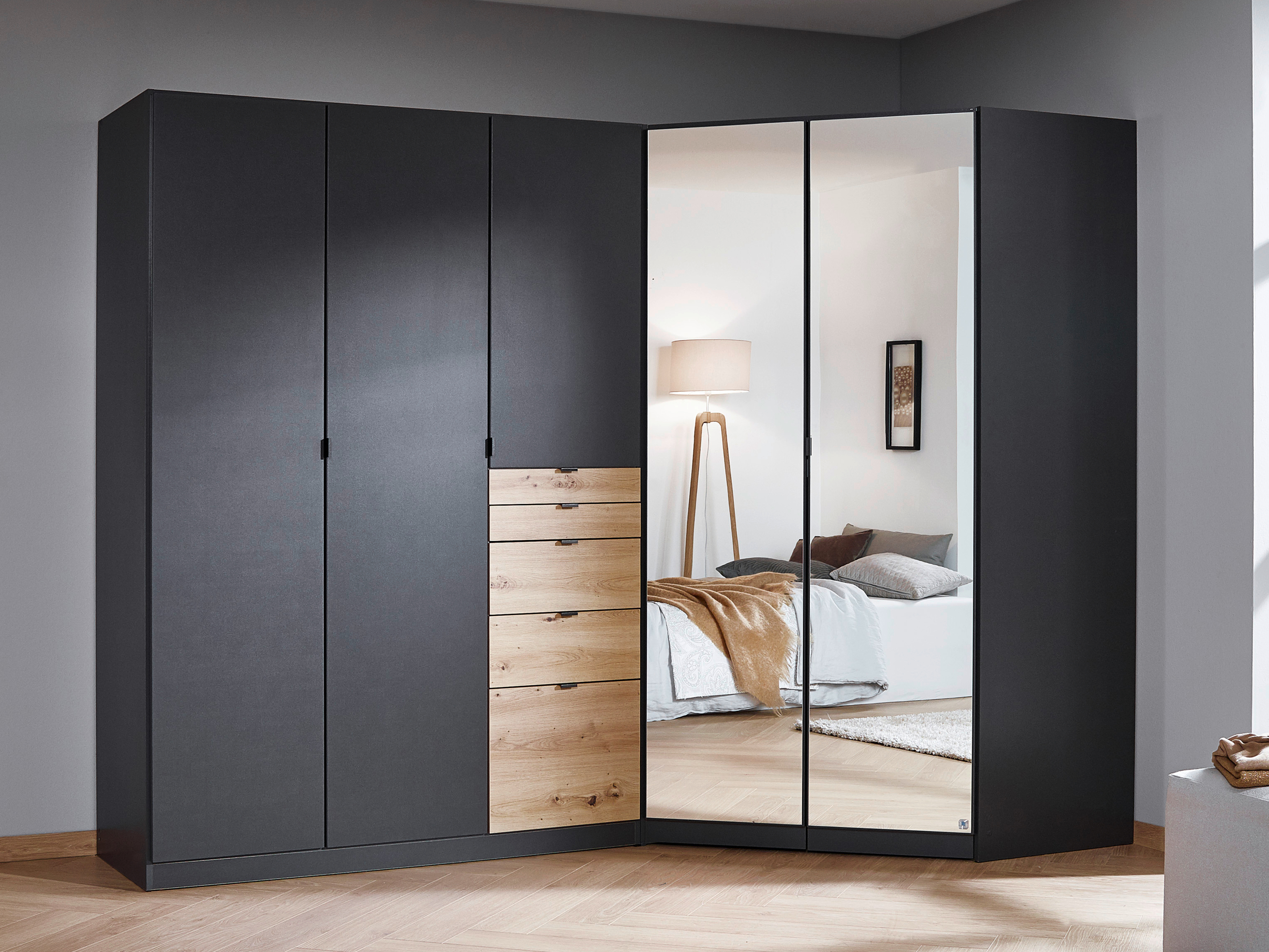 Armoire OTAMENDI 5 portes 5 tiroirs avec miroir gris métal/chêne artisan