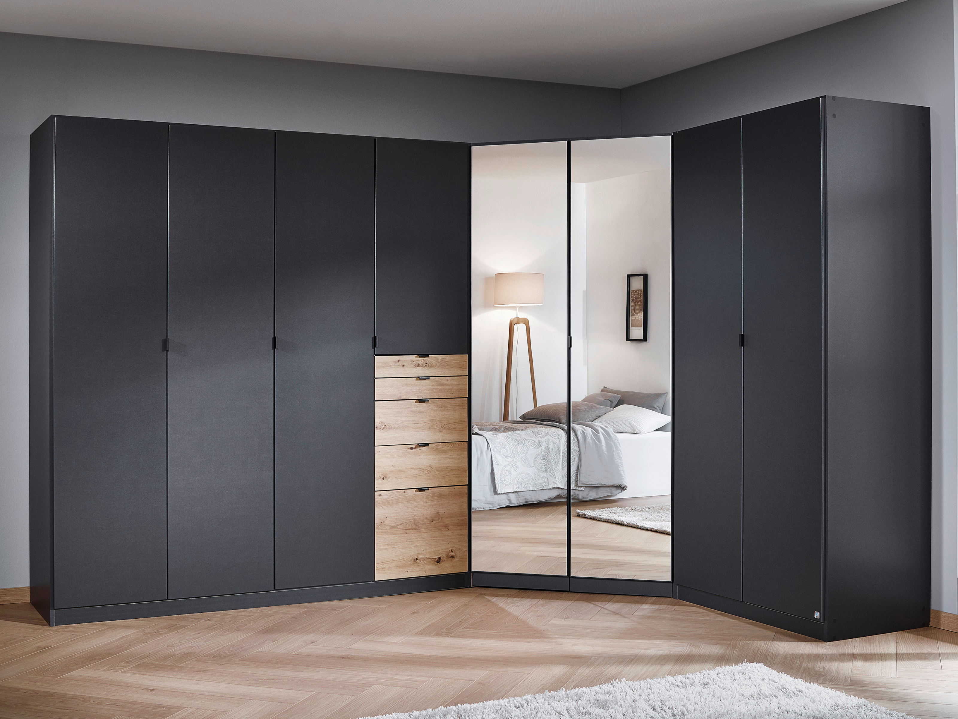 Armoire OTAMENDI 8 portes 5 tiroirs avec miroir gris métal/chêne artisan