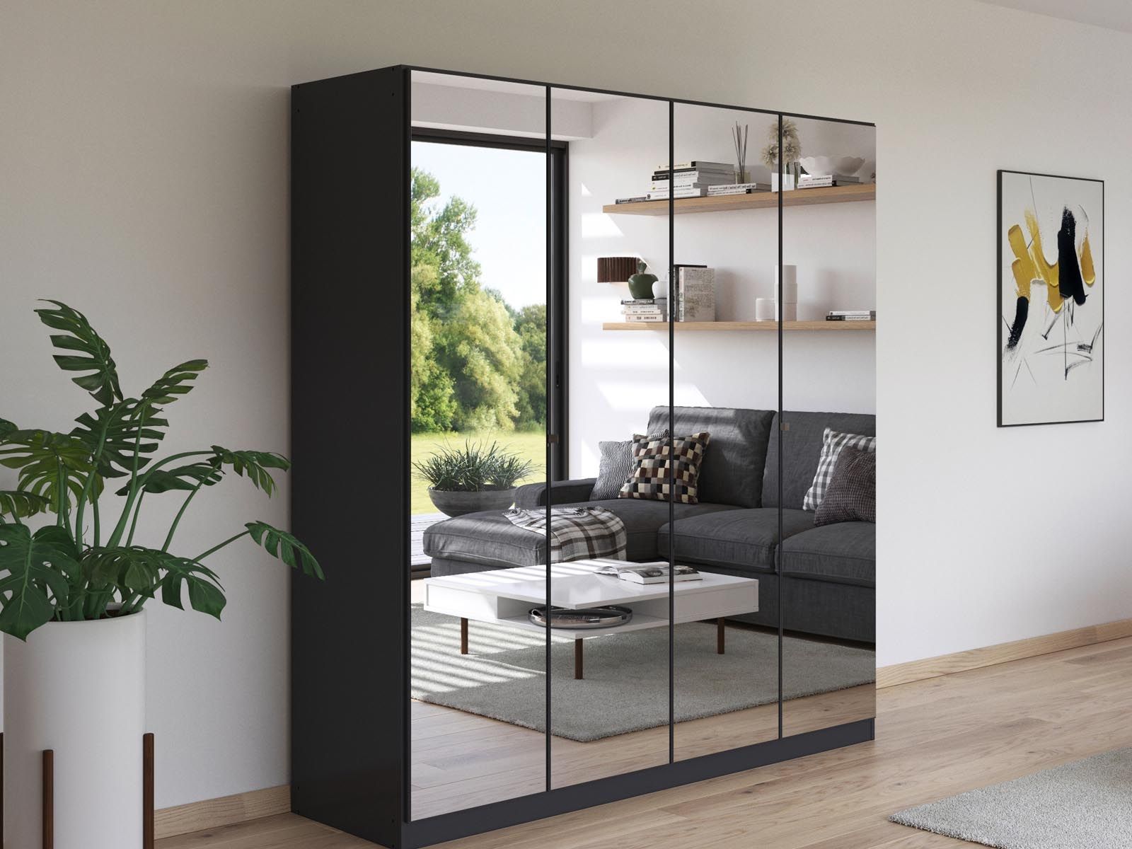 Armoire REFALEO 4 portes gris métallique avec miroir