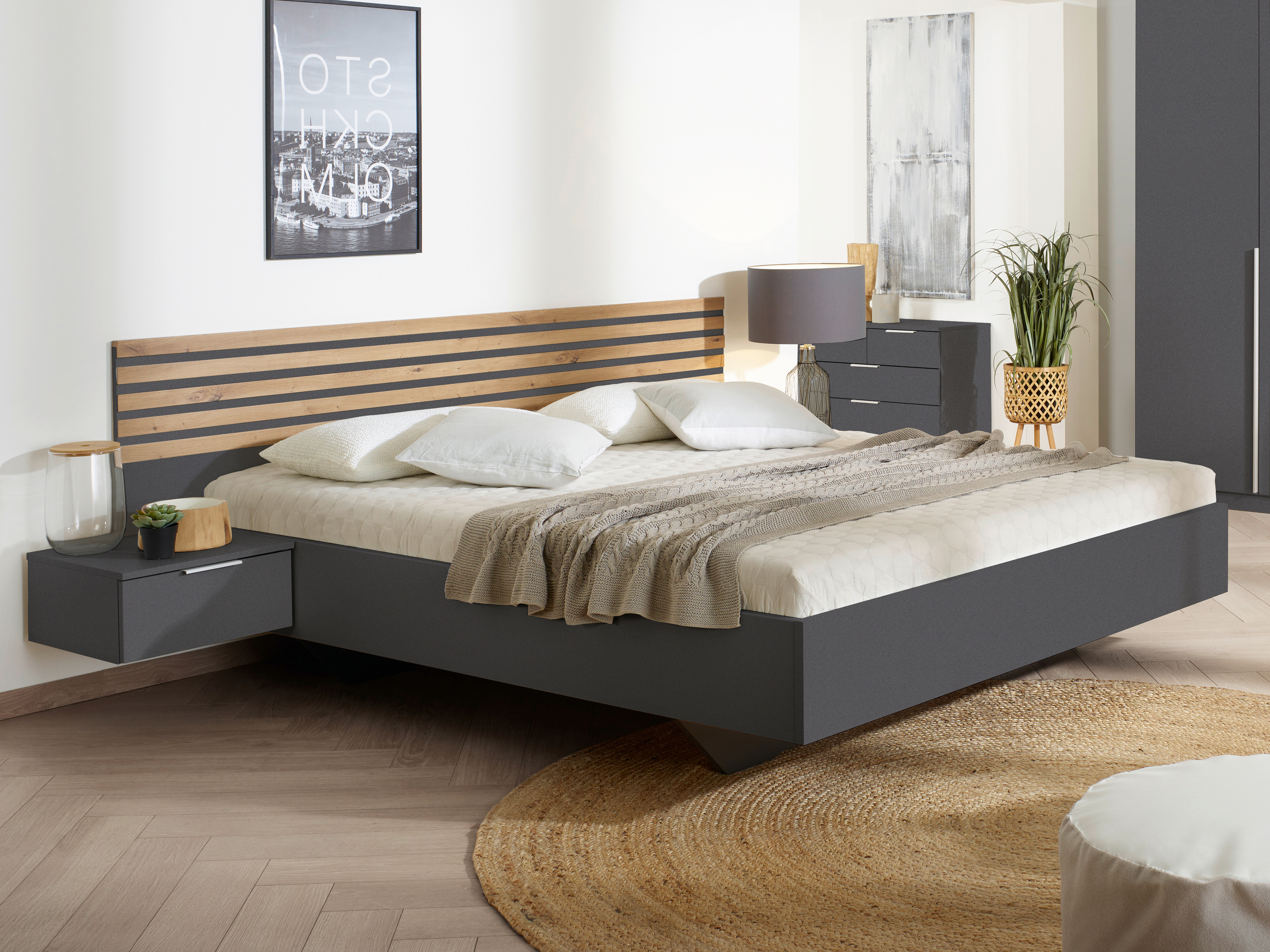 Lit LATINO 180x200 cm gris métal/chêne artisan