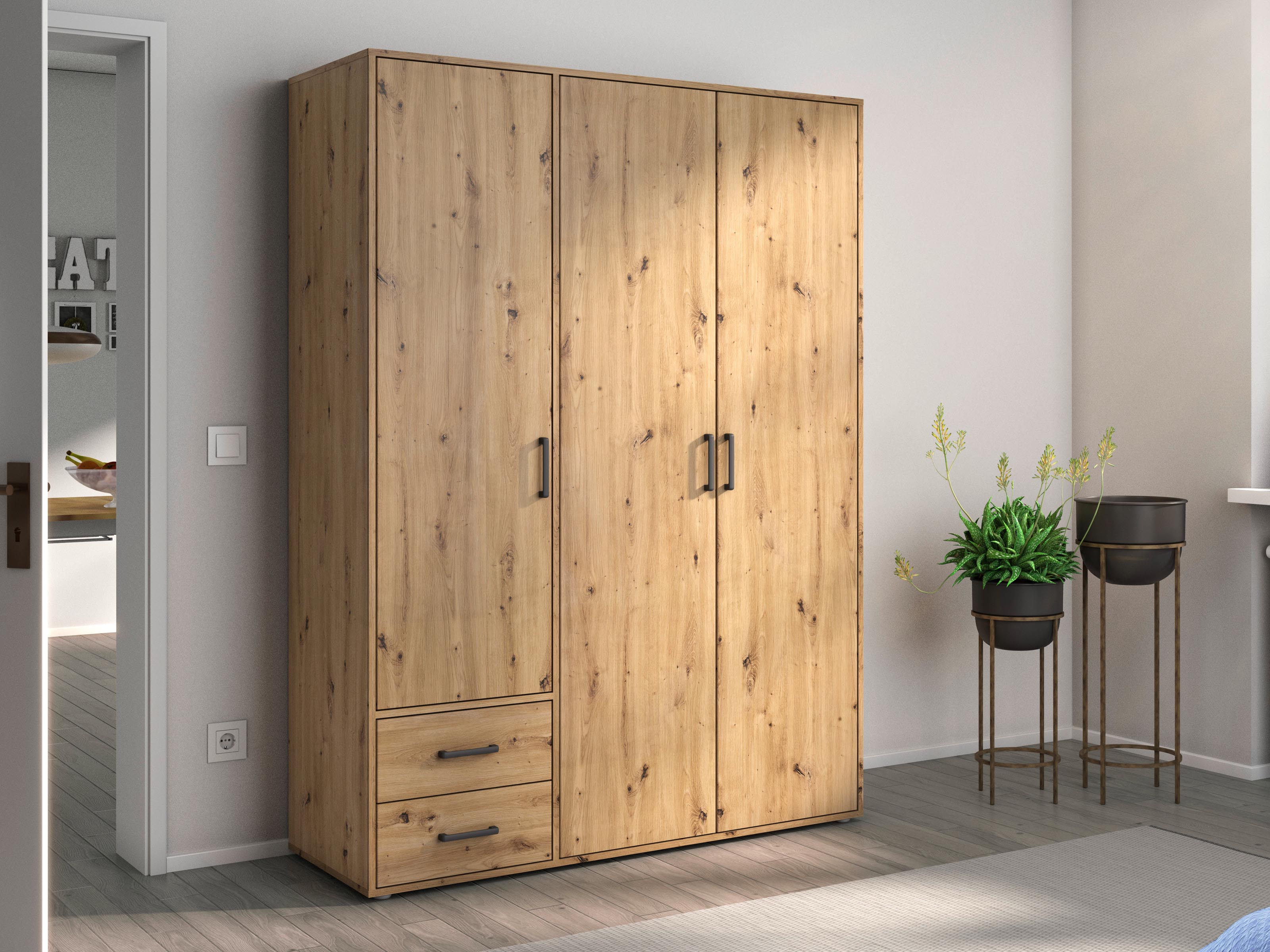Armoire VOLTARI 3 portes 2 tiroirs chêne artisan