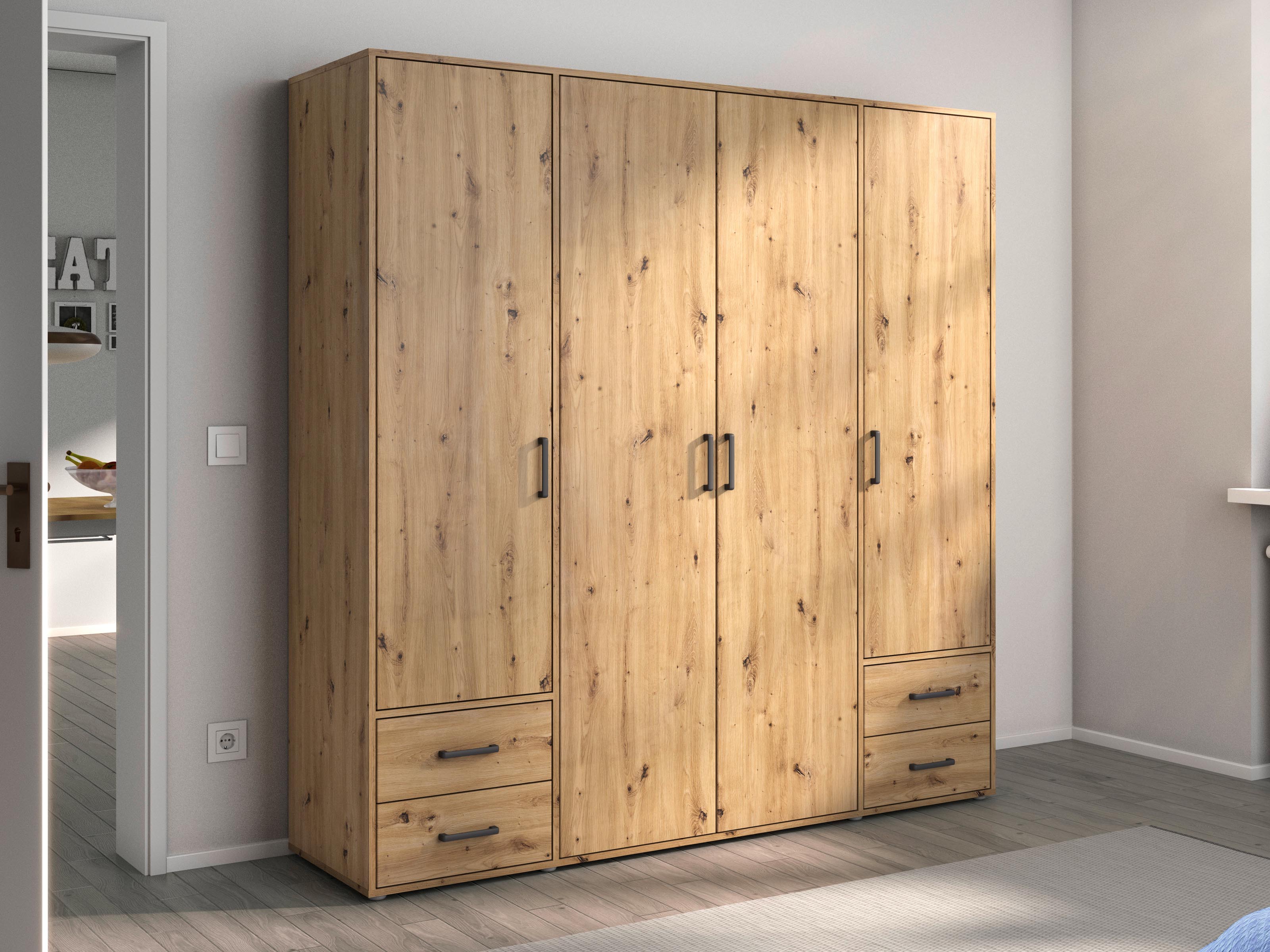 Armoire VOLTARI 4 portes 4 tiroirs chêne artisan