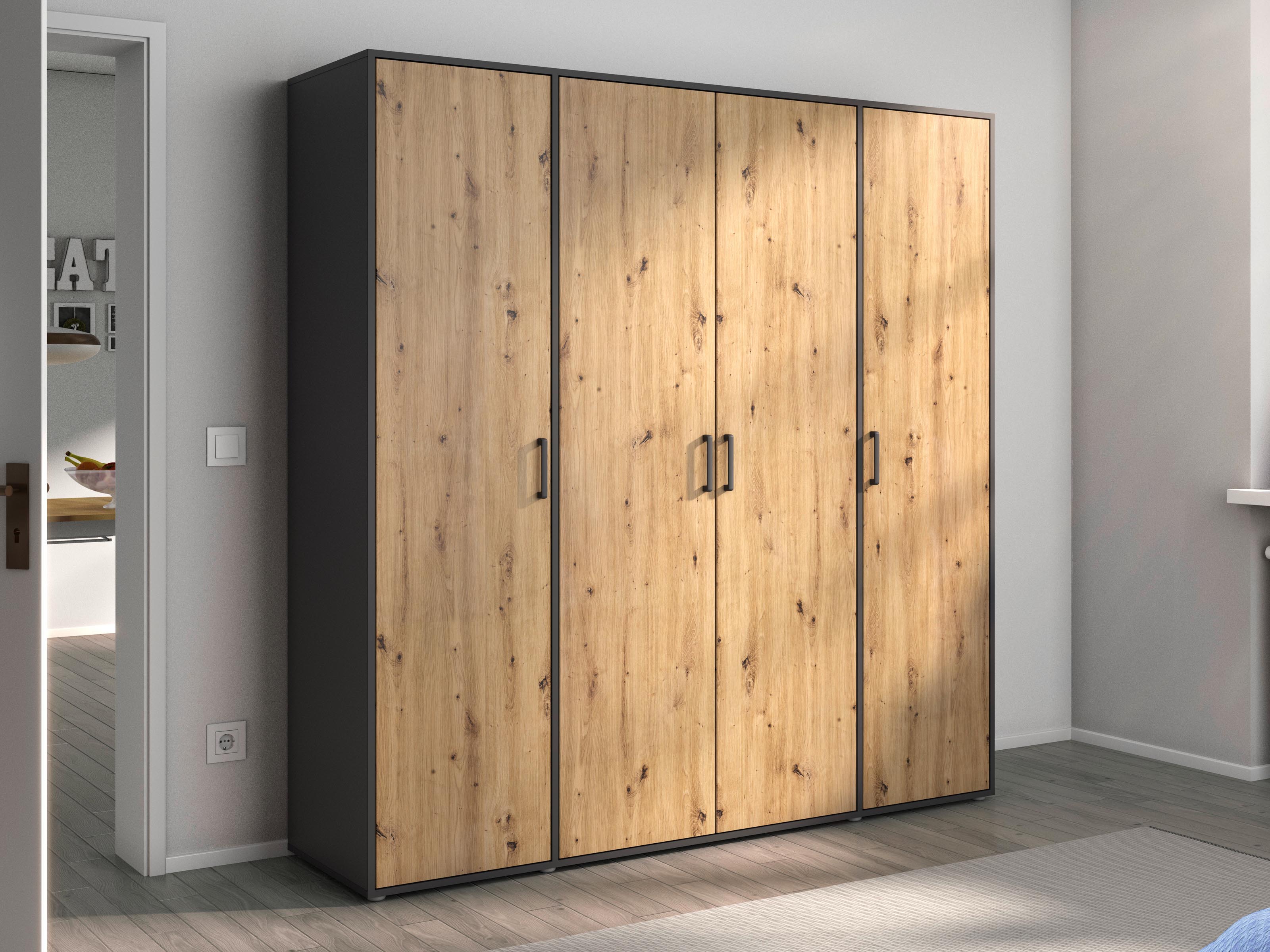Armoire VOLTARI 4 portes chêne artisan/gris métallique