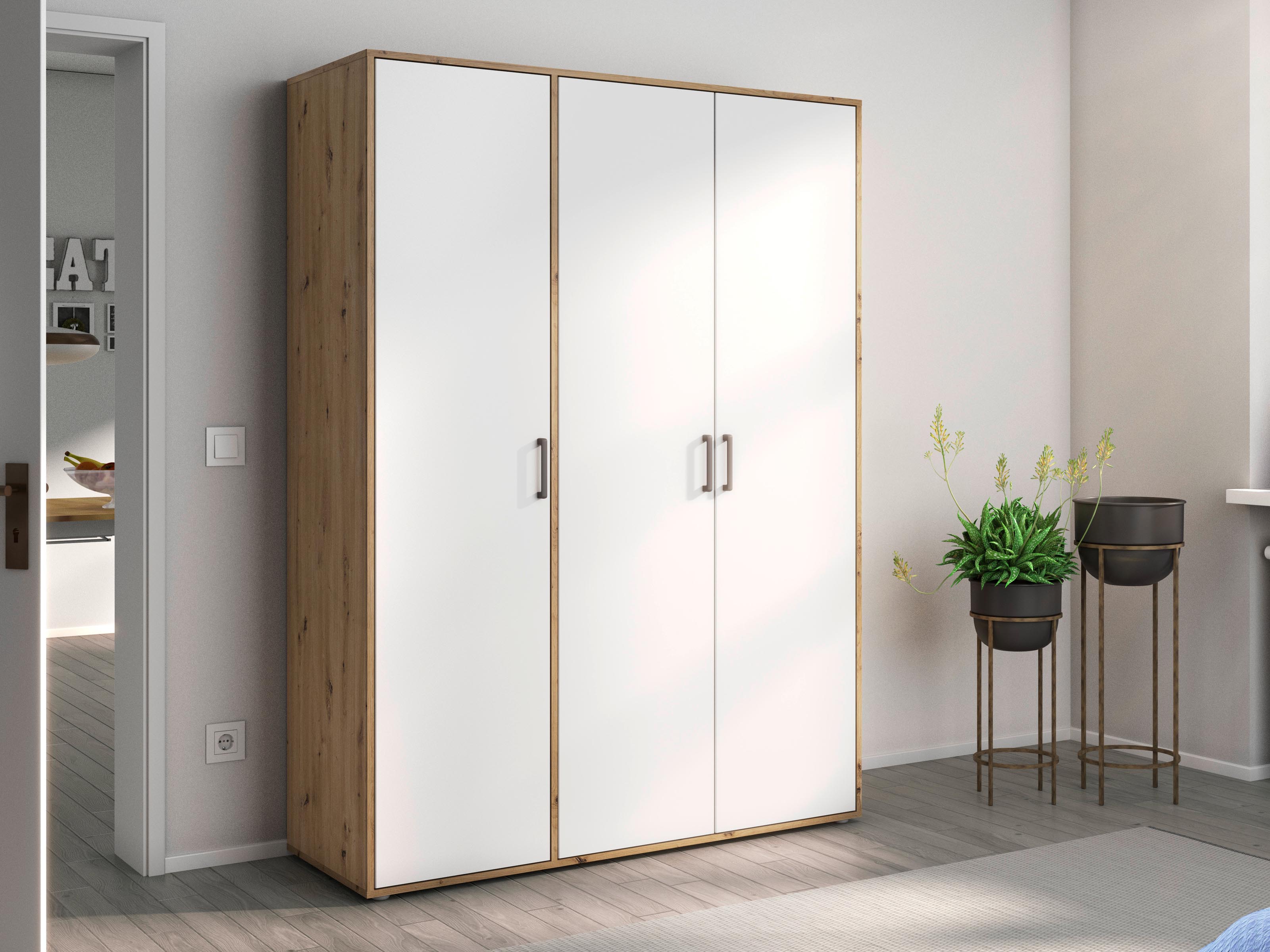 Armoire VOLTARI 3 portes blanc alpin/chêne artisan