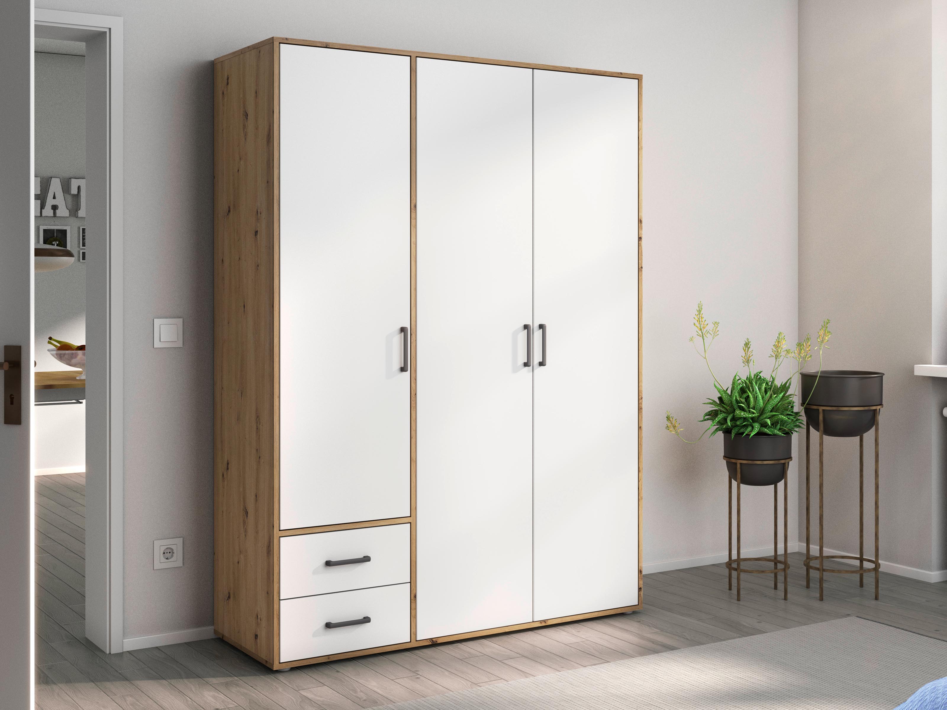 Armoire VOLTARI 3 portes 2 tiroirs chêne artisan/blanc alpin