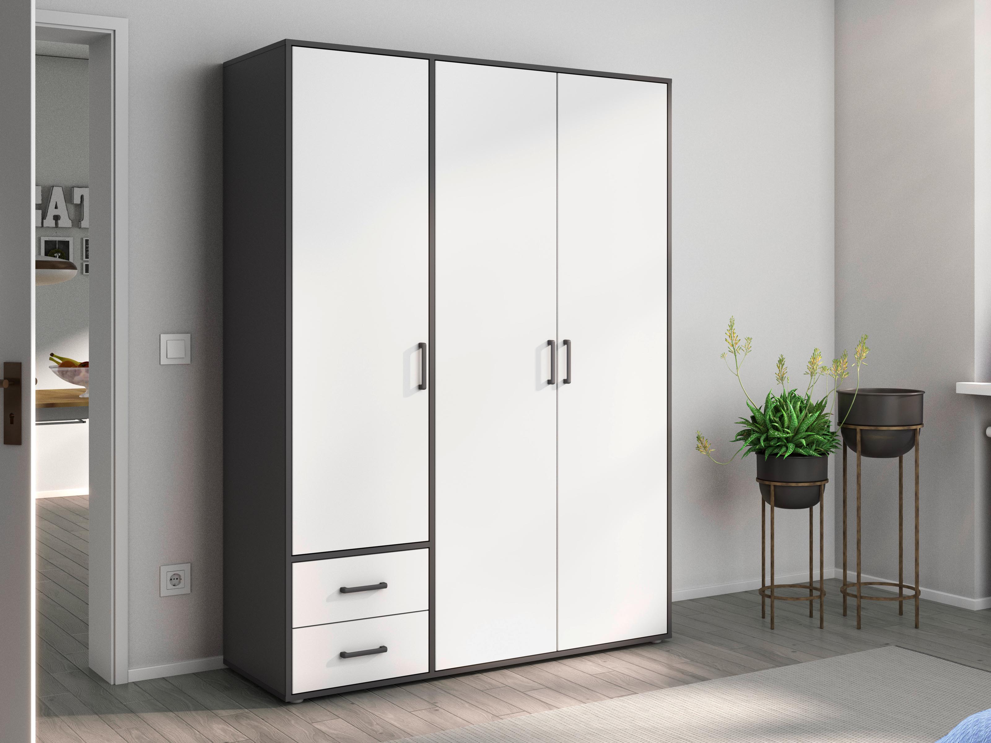 Armoire VOLTARI 3 portes 2 tiroirs gris métallique/blanc alpin