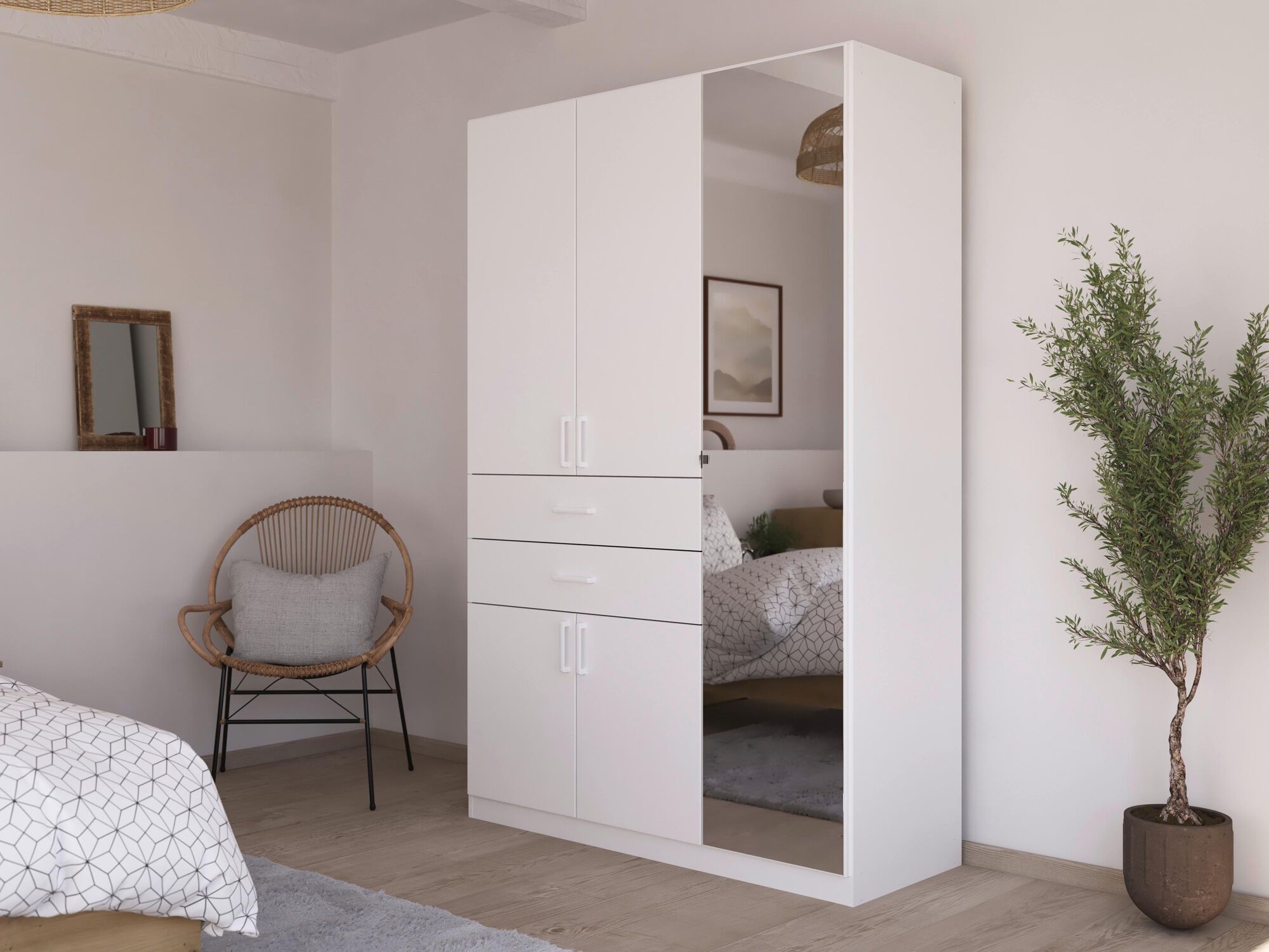 Armoire MAKALISKA 5 portes 2 tiroirs blanc avec miroirs