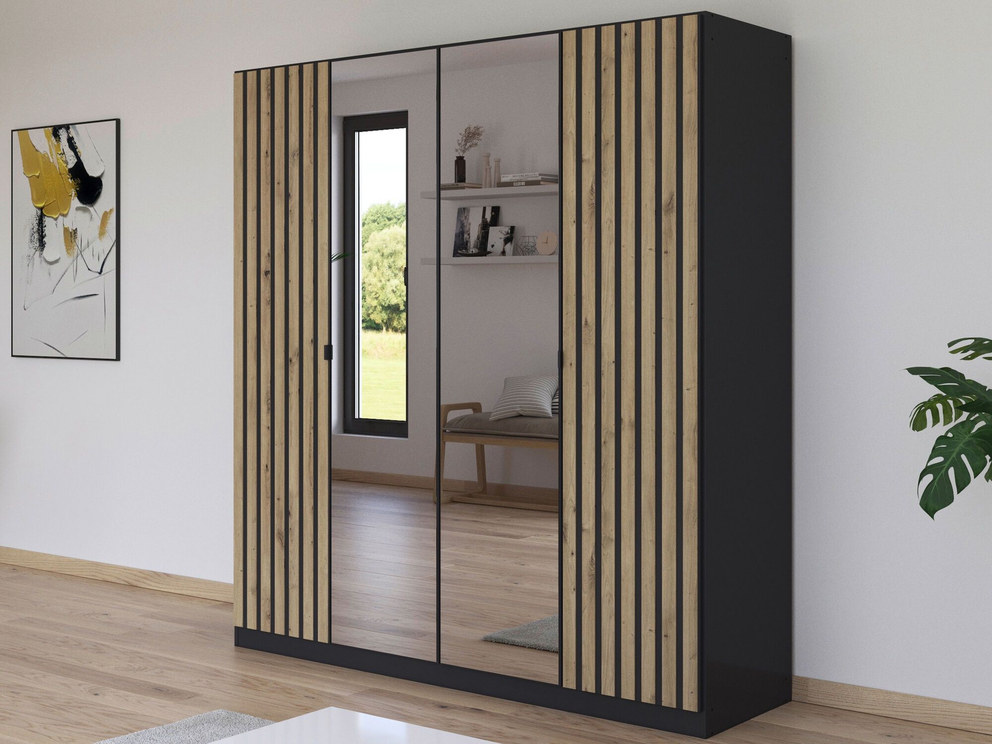 Armoire GENUMO 4 portes gris métal avec miroir