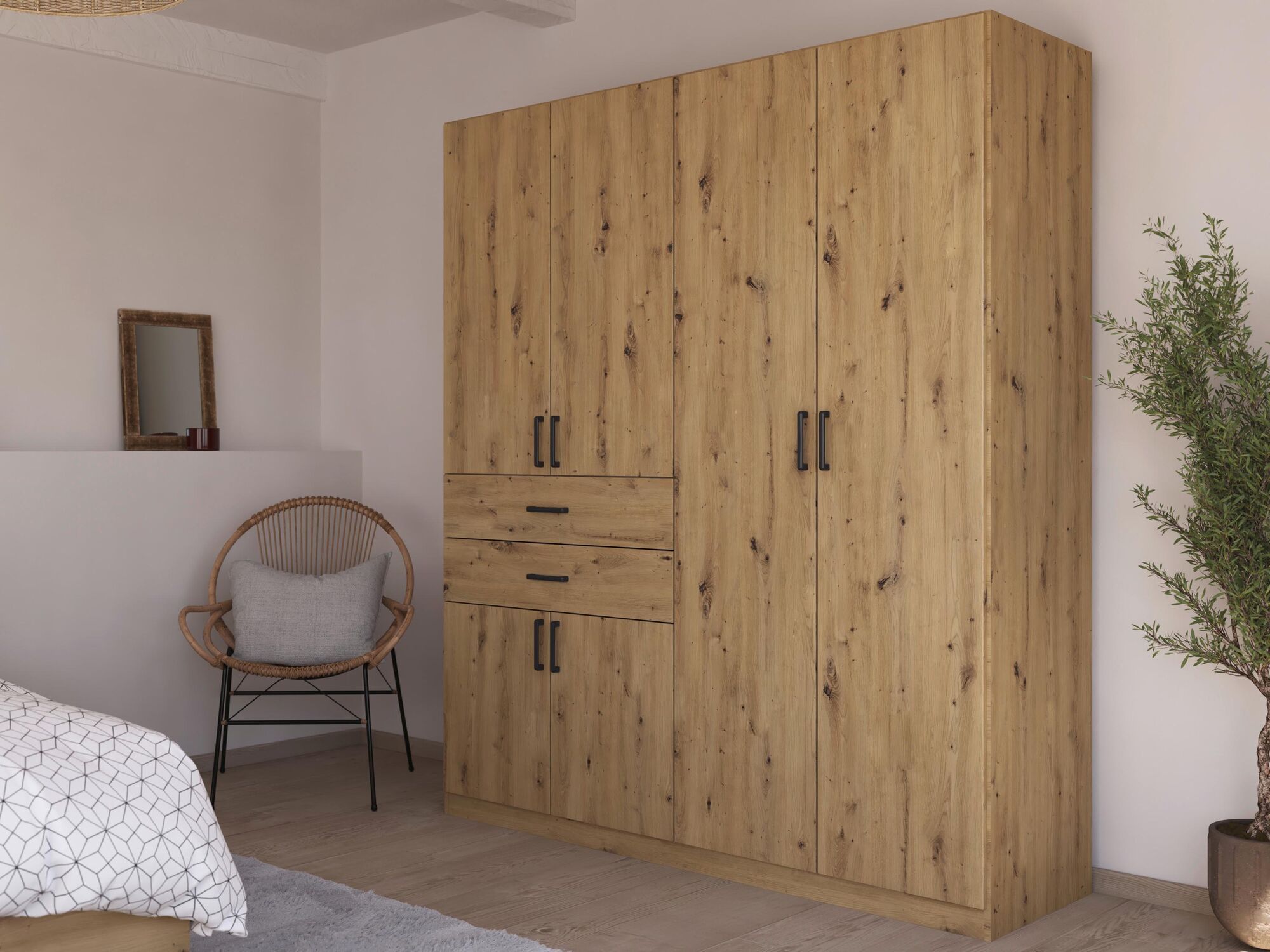 Armoire MAKALISKA 6 portes 2 tiroirs chêne artisan