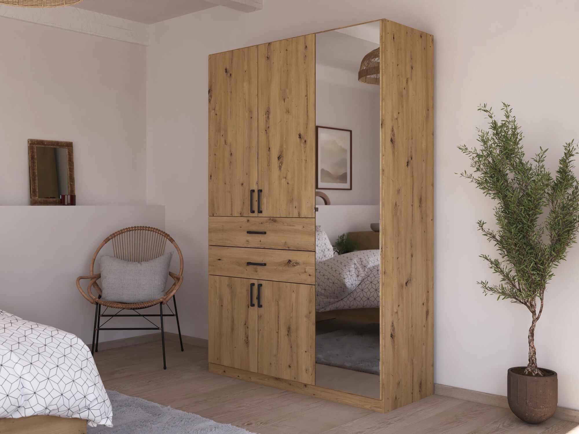 Armoire MAKALISKA 5 portes 2 tiroirs chêne artisan avec miroirs