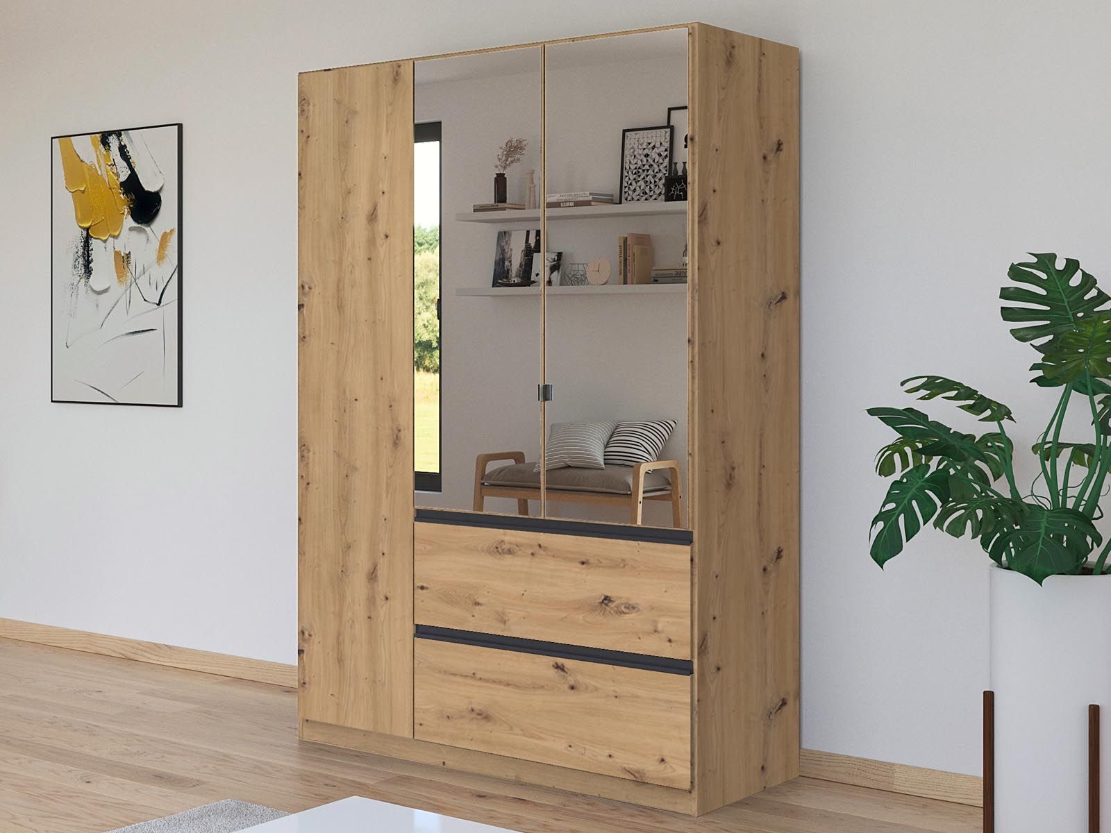 Armoire CONSTANTINOS 3 portes 2 tiroirs chêne artisan avec miroirs