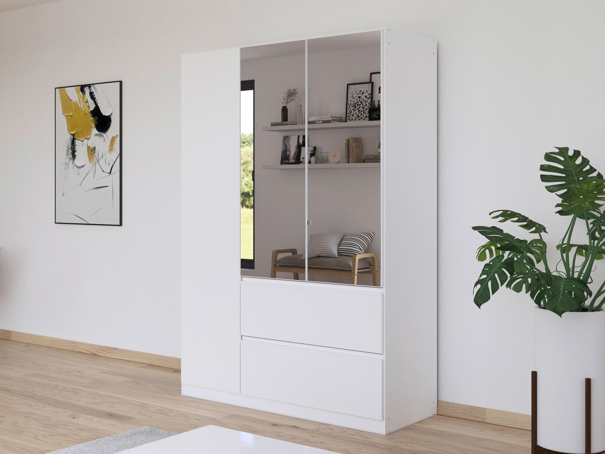 Armoire JOHAN 3 portes 2 tiroirs blanc avec miroir