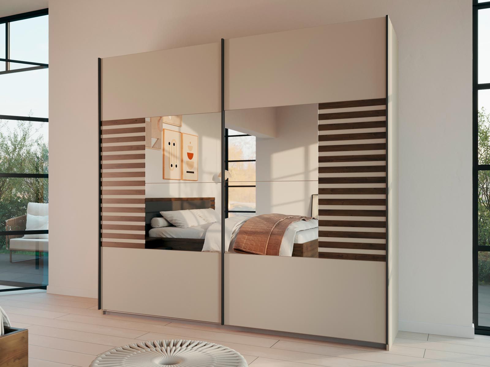 Armoire BALOTI 2 portes coulissantes 226 cm beige/chêne atlantique avec miroir