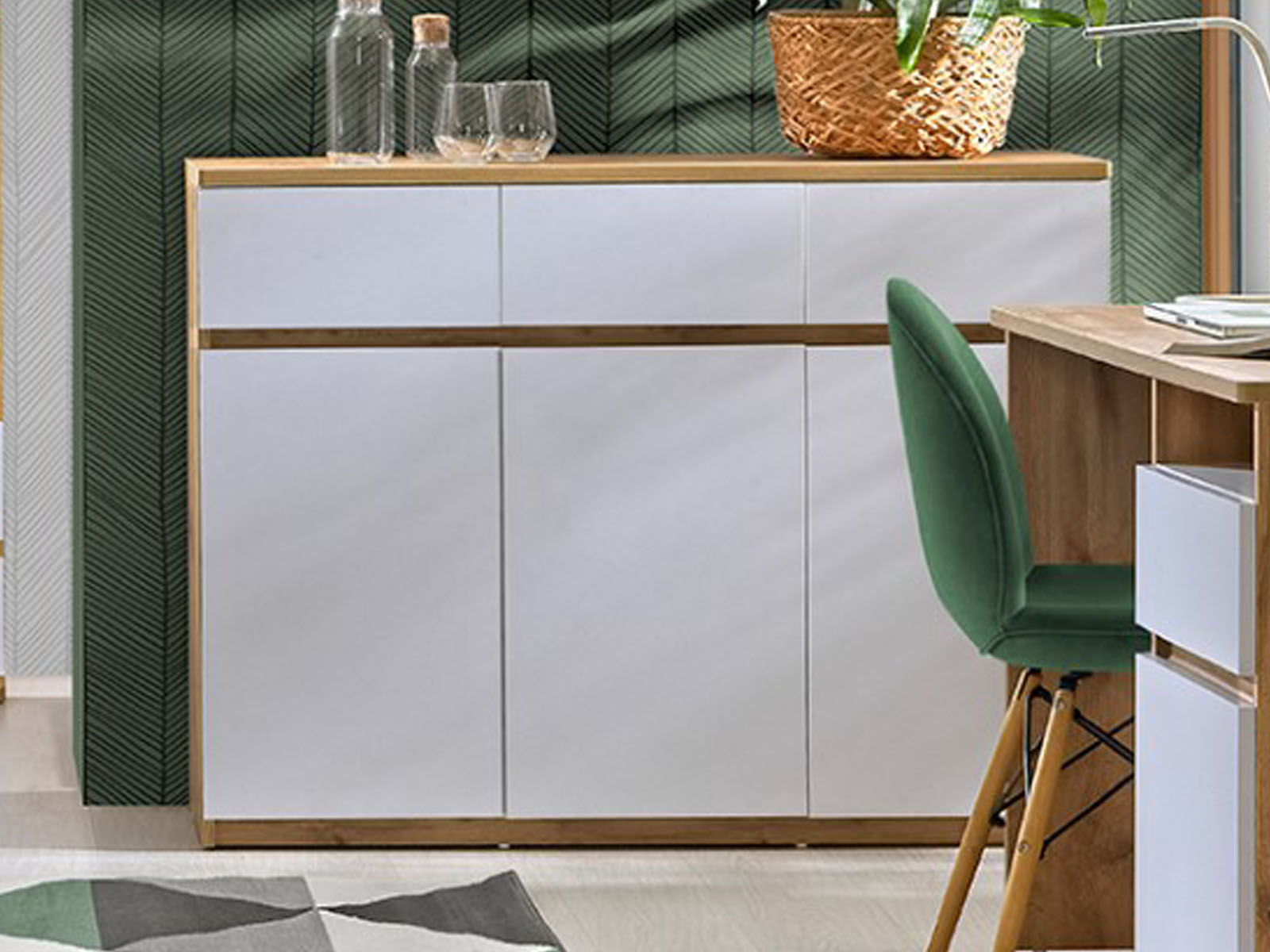 Commode ARKEA 3 portes 3 tiroirs blanc/chêne wotan