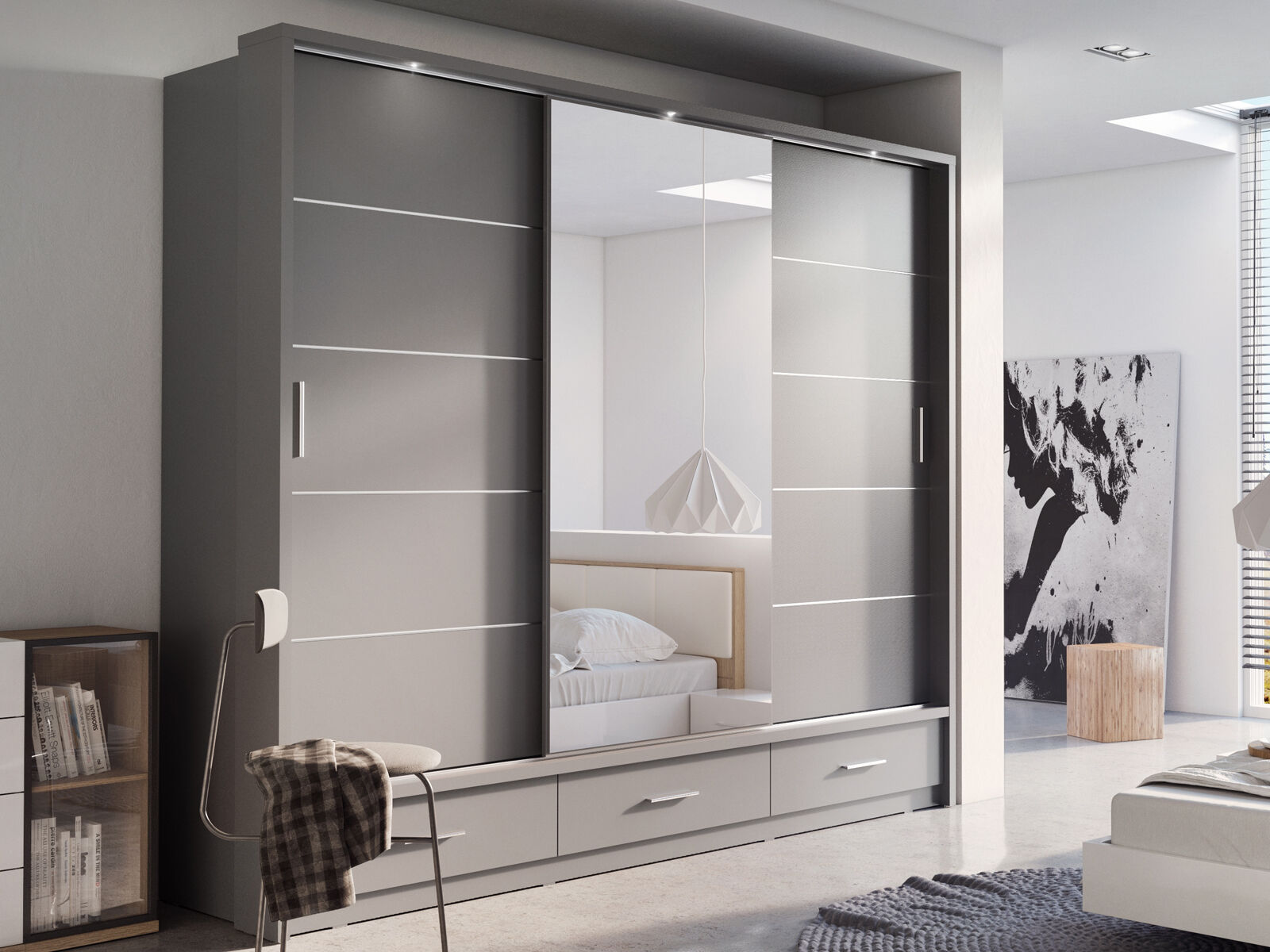 Armoire ARTEMIS 3 portes 3 tiroirs gris avec miroir