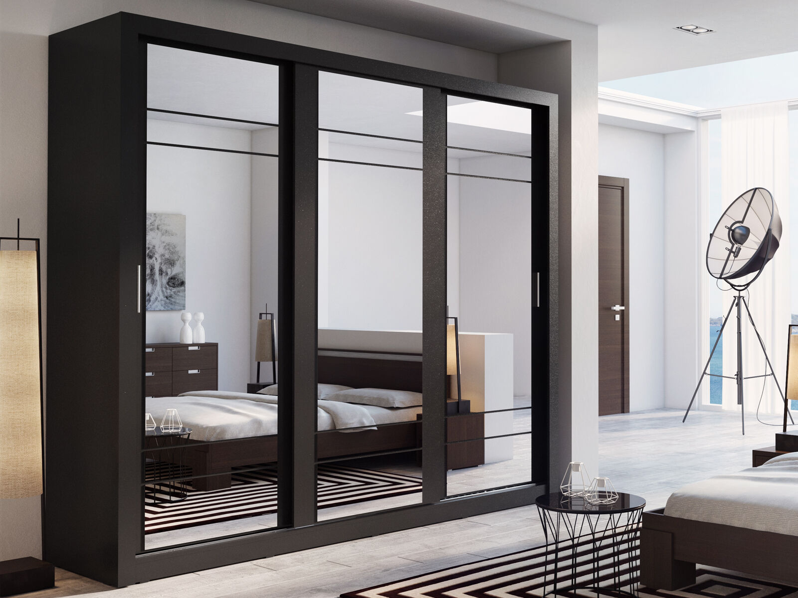 Armoire ARTURO 3 portes coulissantes noir avec miroir