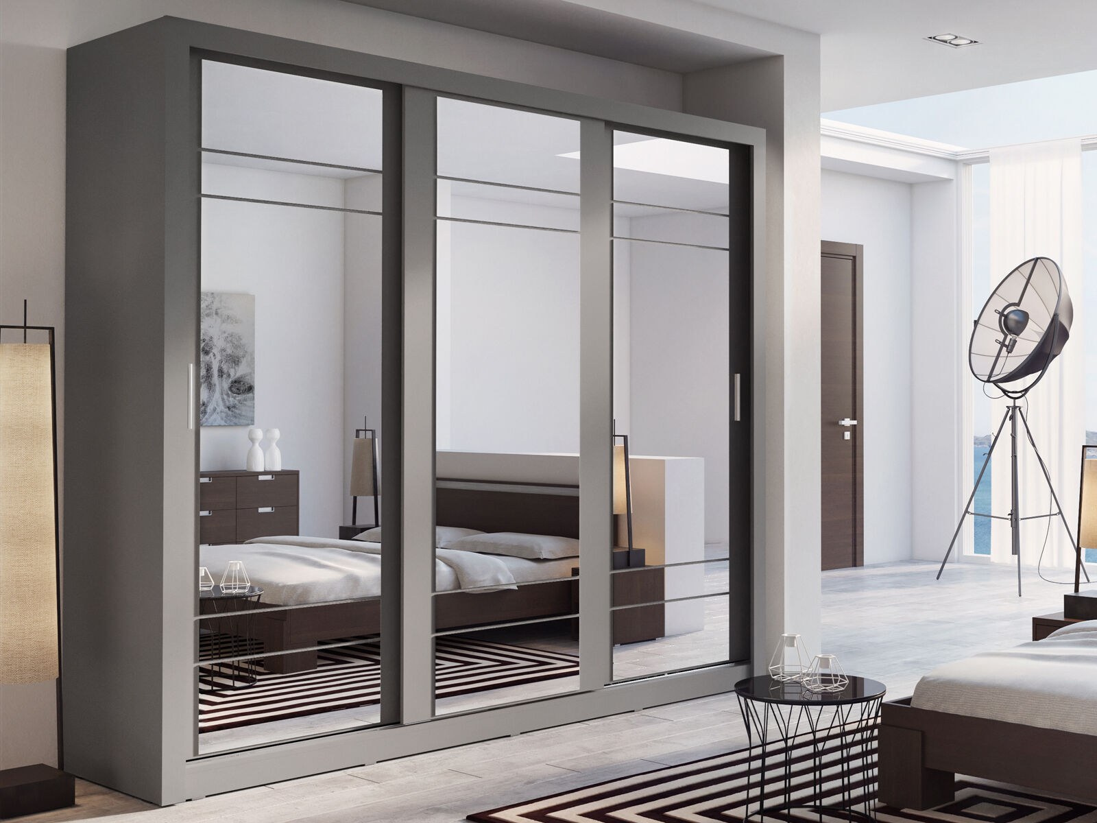 Armoire ARTURO 3 portes coulissantes gris avec miroir