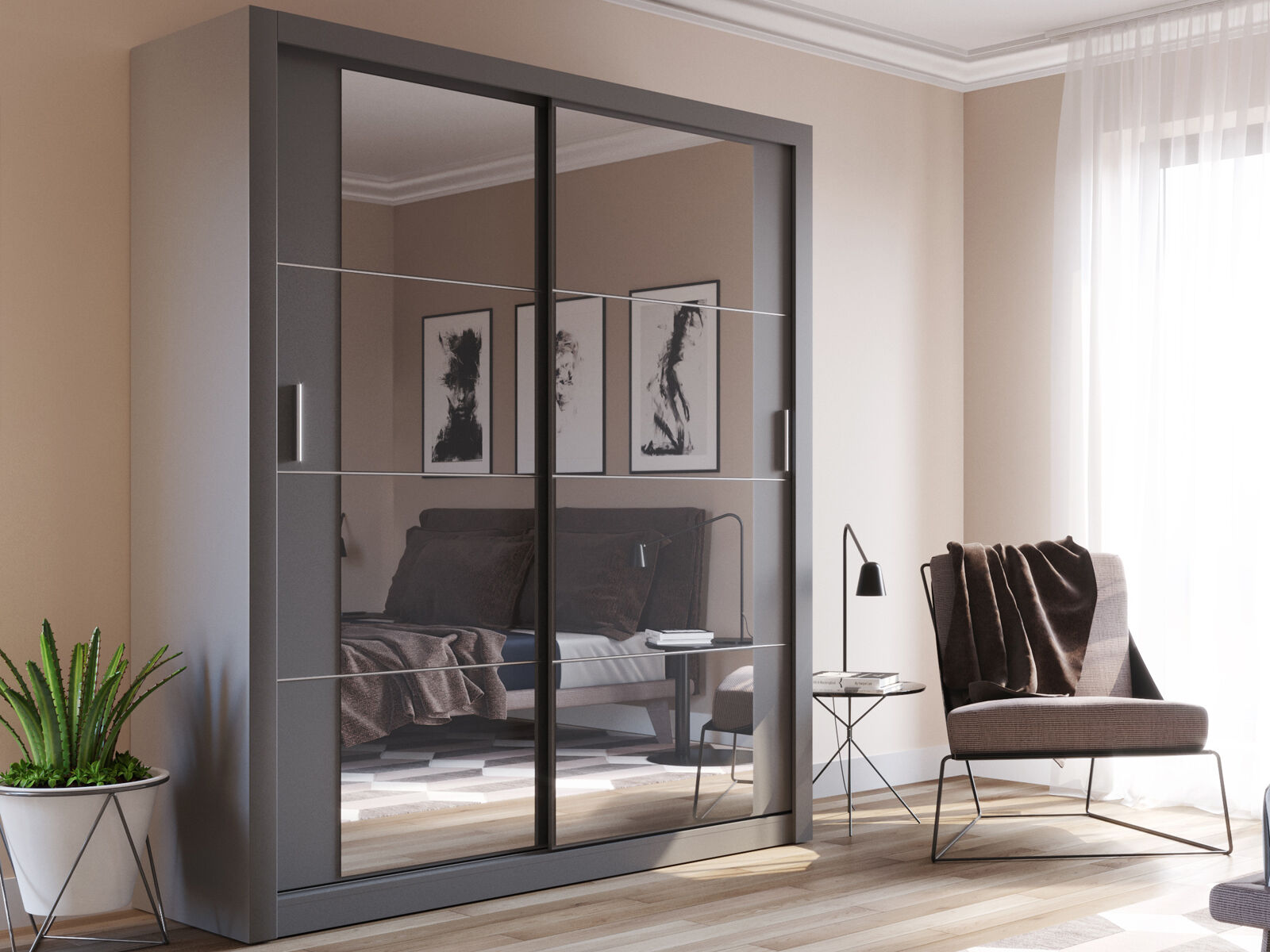 Armoire ARTARI 2 portes coulissantes gris avec miroir